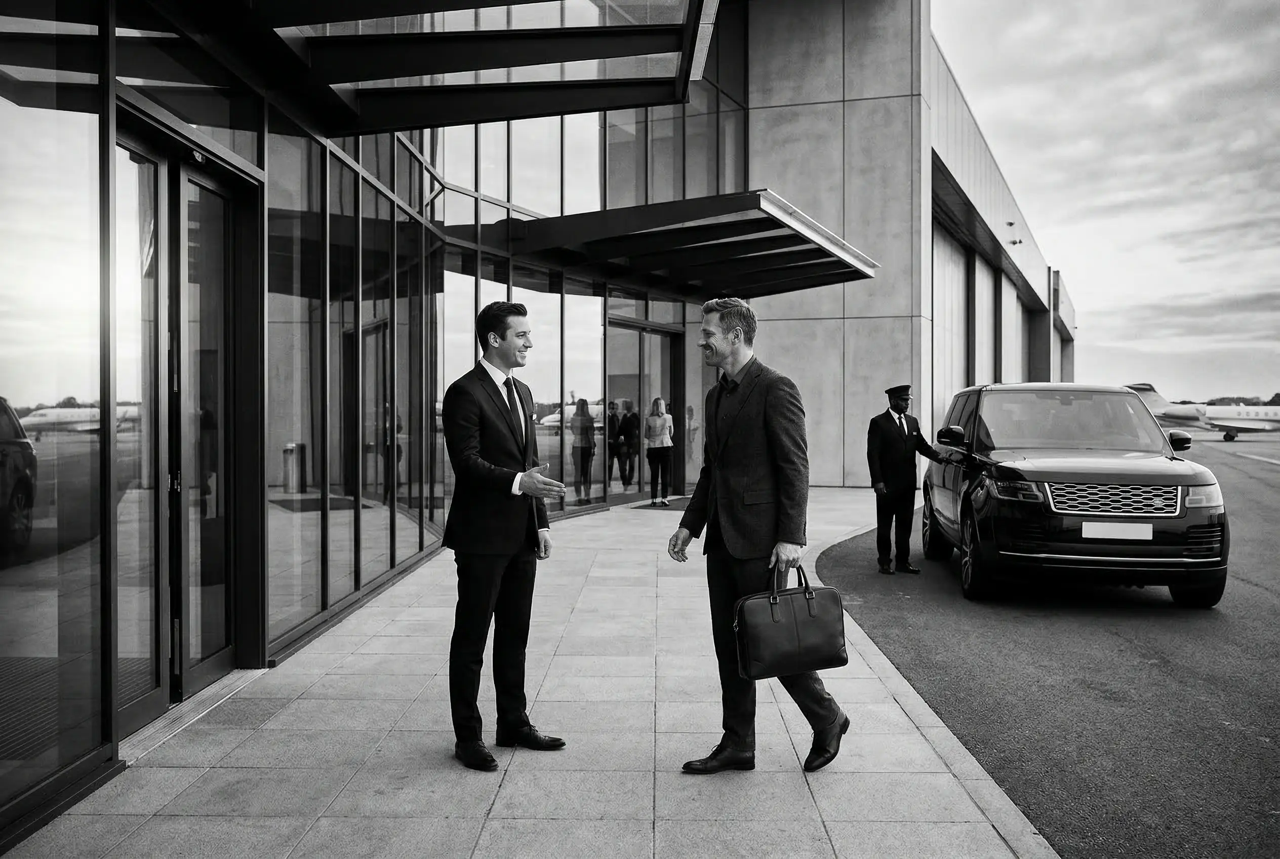 Concierge greeting a business traveler at a private aviation terminal