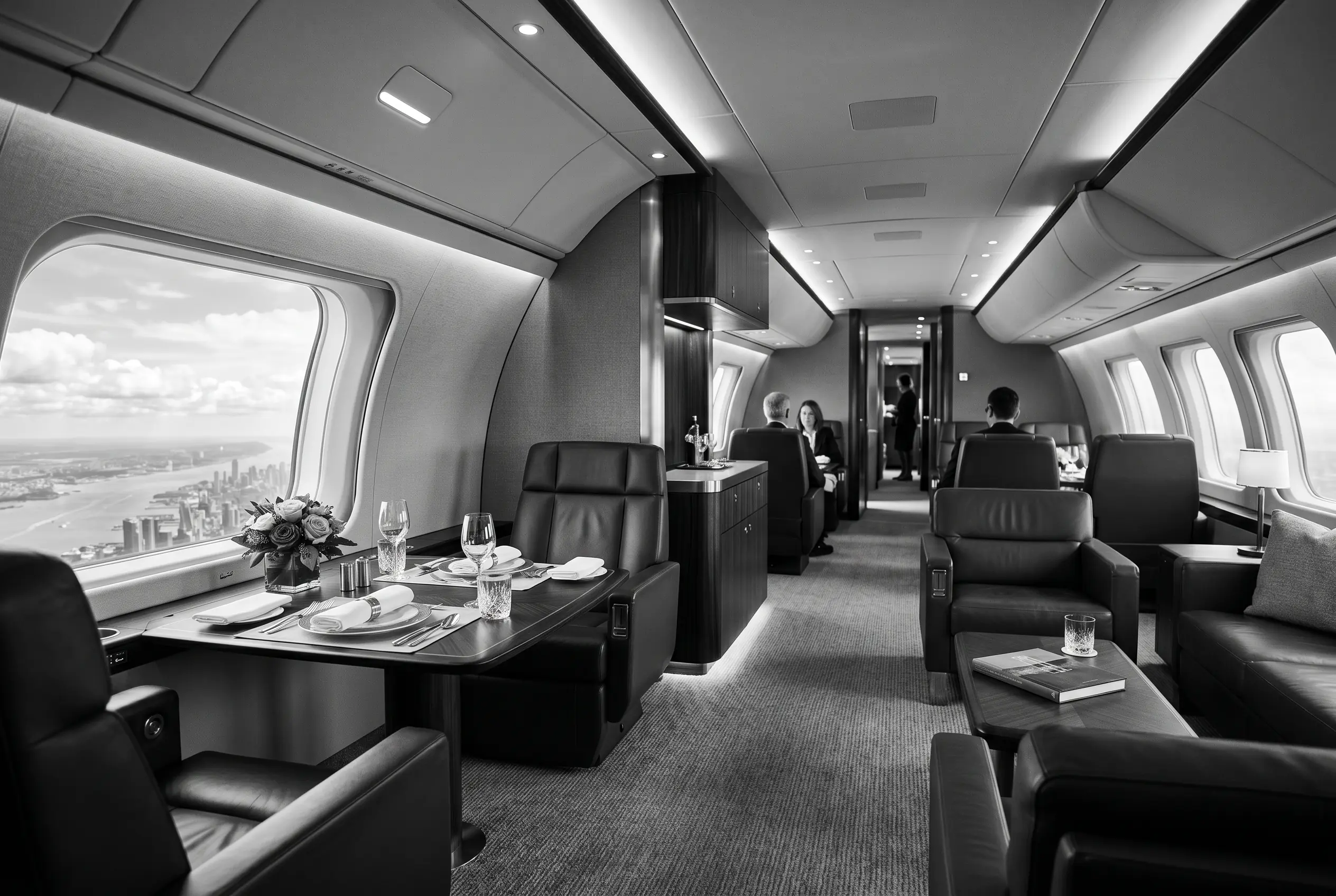 Airbus ACJ320neo VIP lounge and dining area for a New York to Miami charter, in black and white