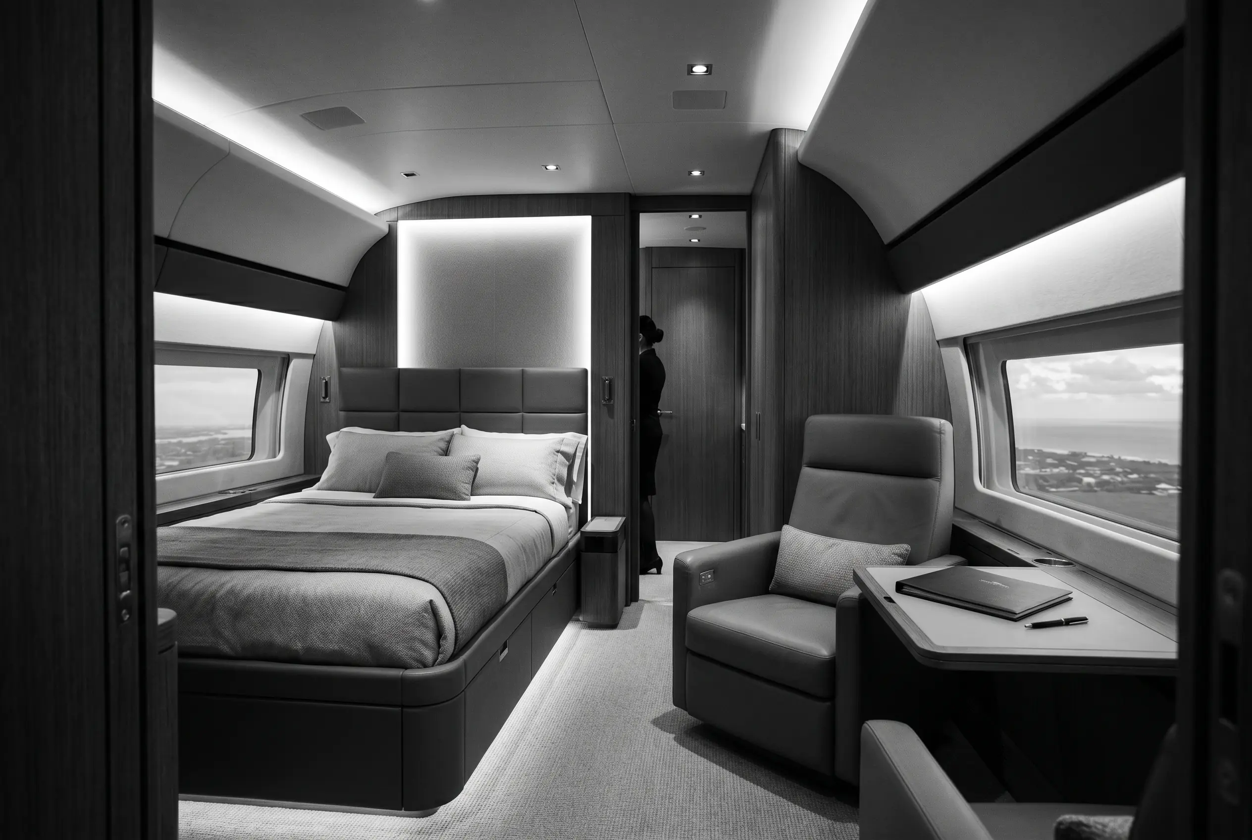 Private bedroom suite inside a Boeing BBJ MAX 8 on a New York to Miami flight