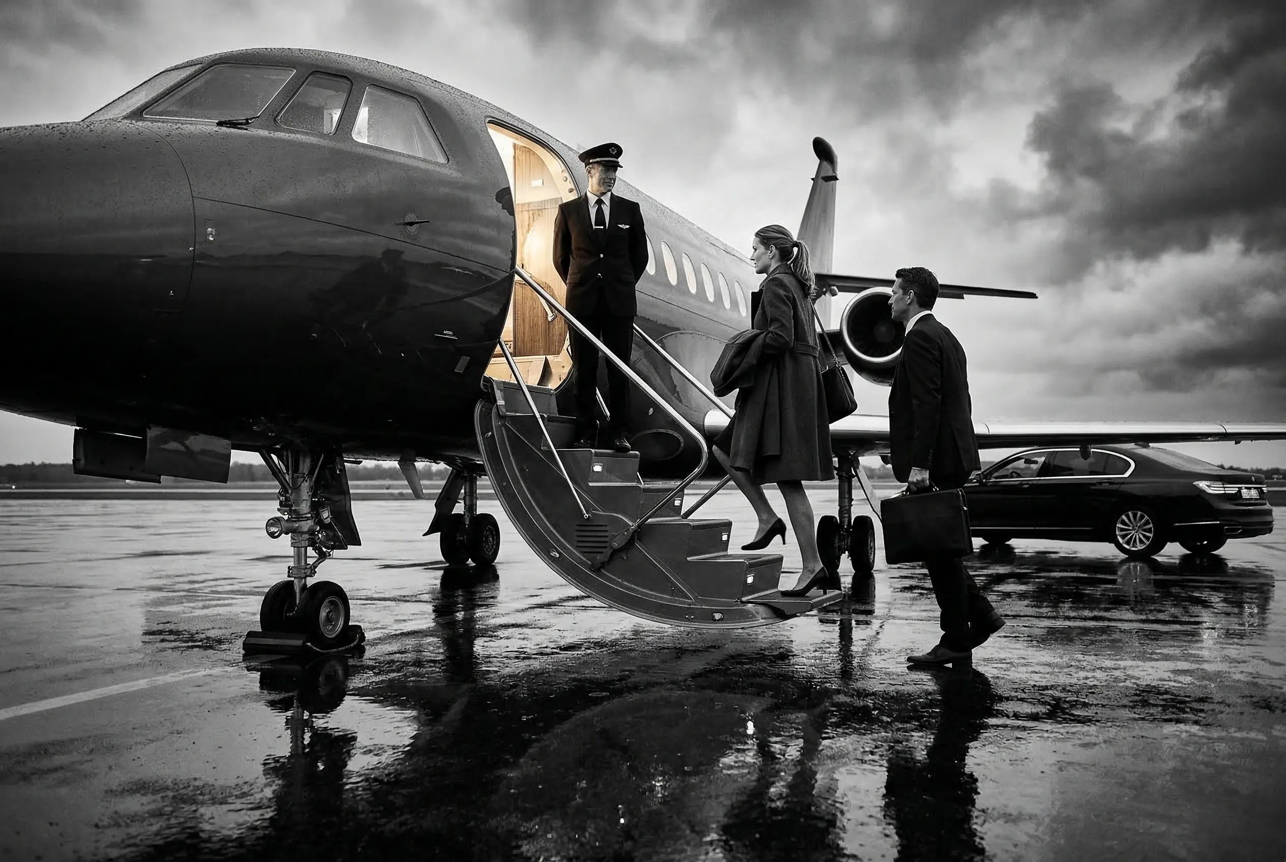 Passengers ascending airstairs to board a private jet on the ramp