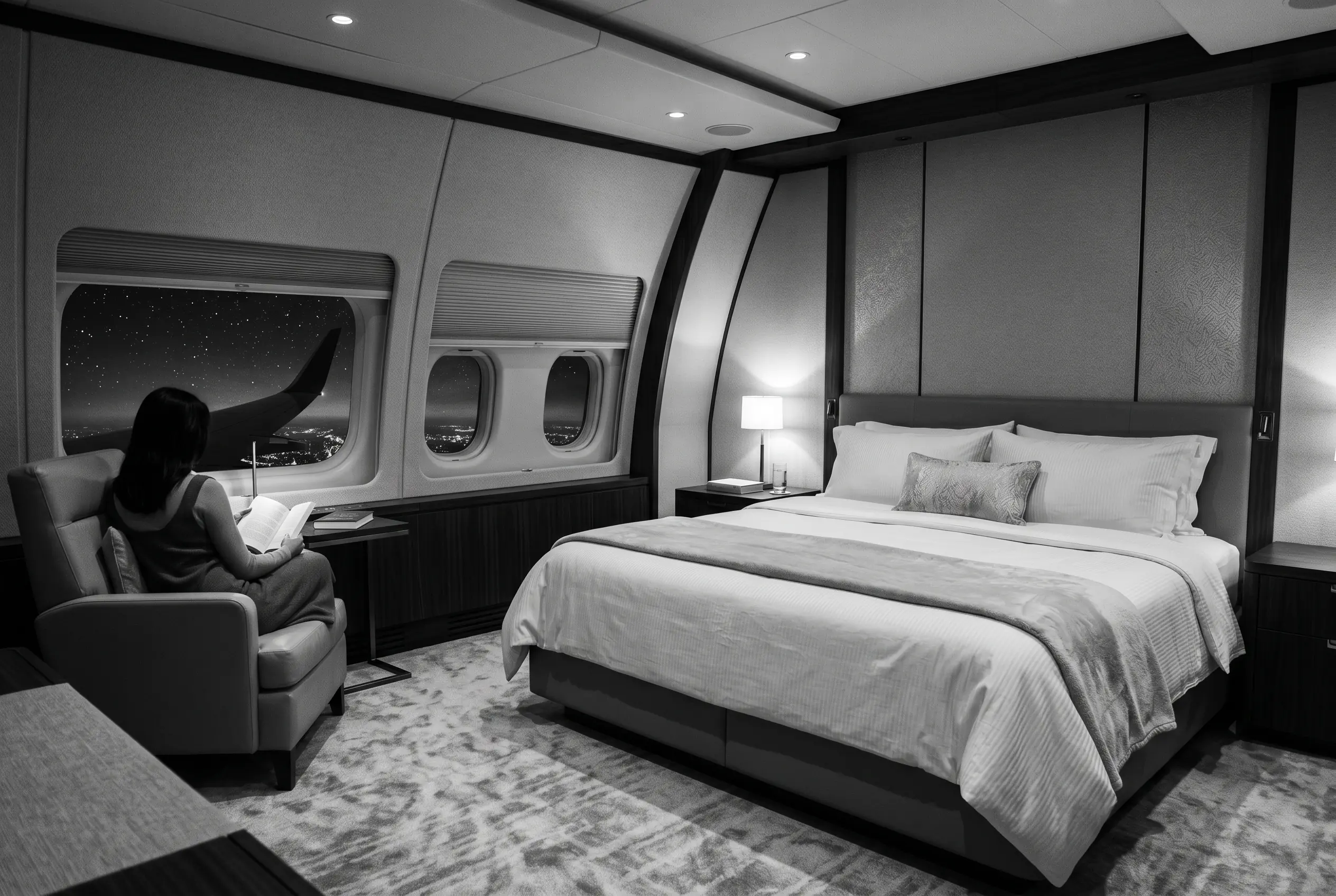Private bedroom suite inside a Boeing BBJ on a New York to Miami flight