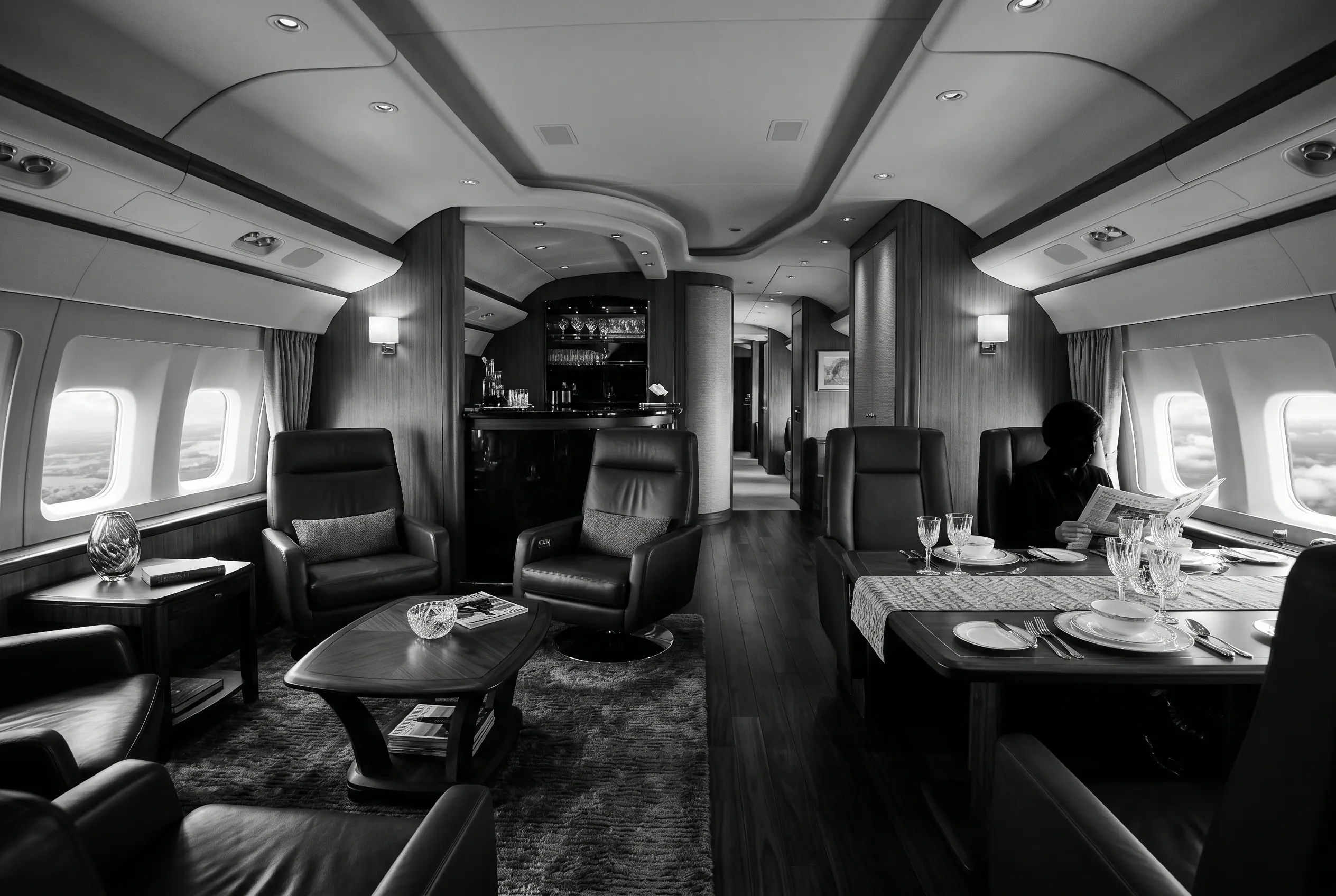 Boeing BBJ VIP lounge and dining area for a New York to Miami charter, in monochrome