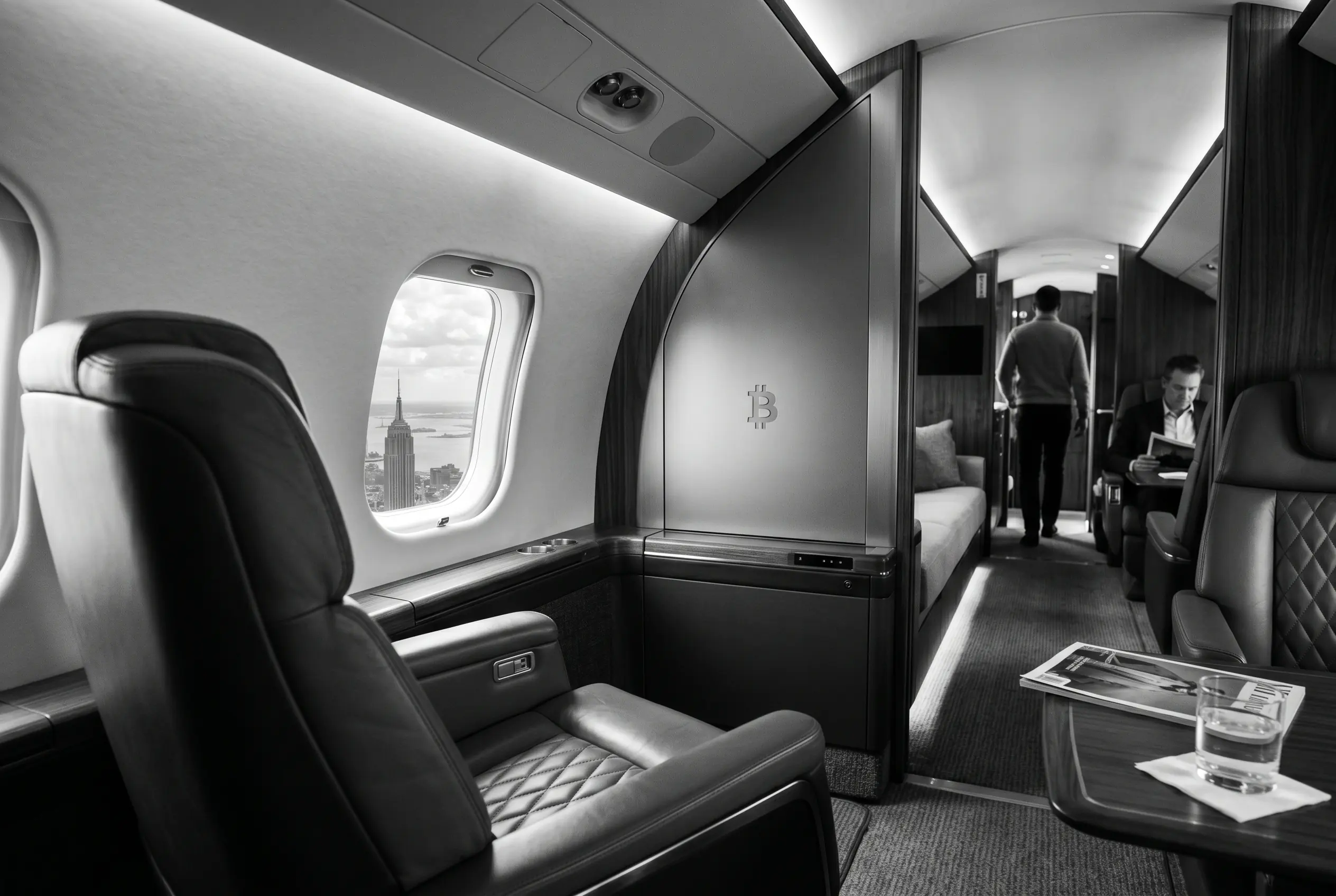 Private jet cabin for a New York to Miami charter paid in cryptocurrency, in black and white
