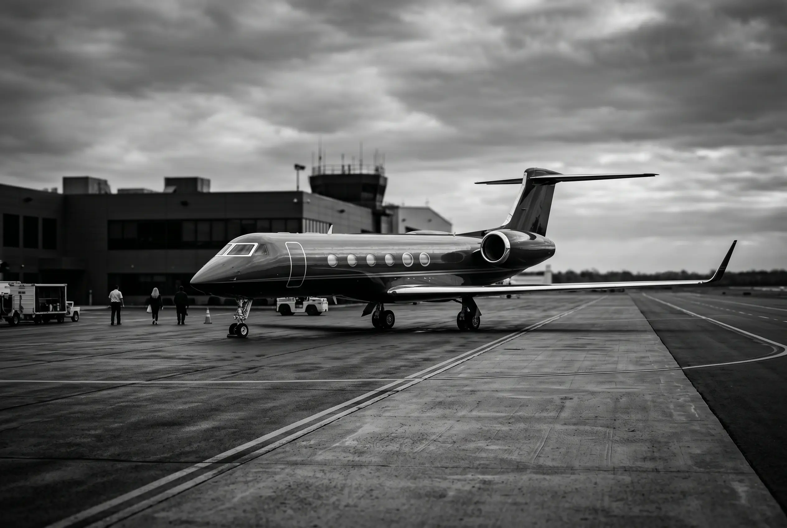 Private FBO terminal at Teterboro with a business jet on the ramp for a Miami departure