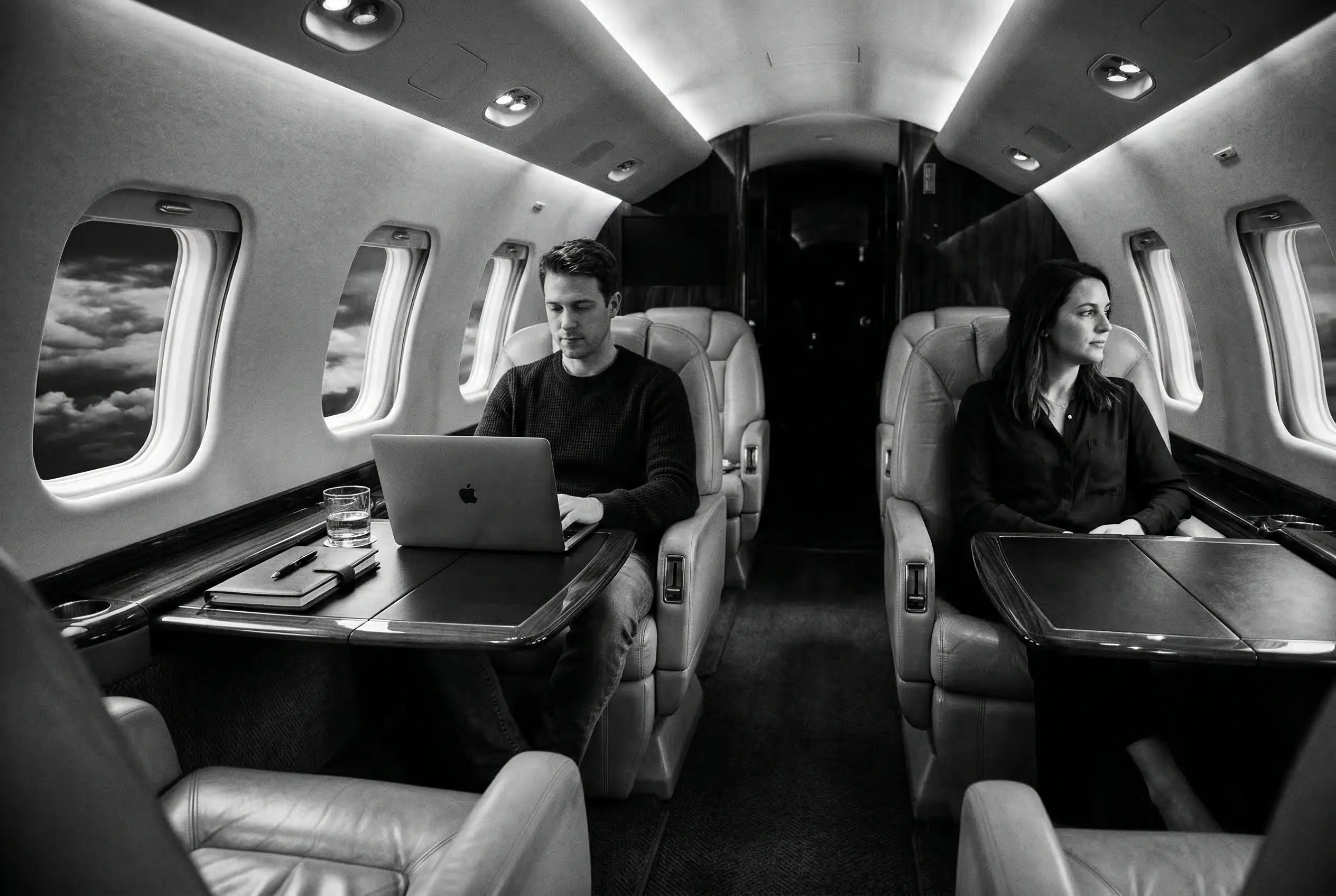 Leather club seats inside a midsize private jet cabin