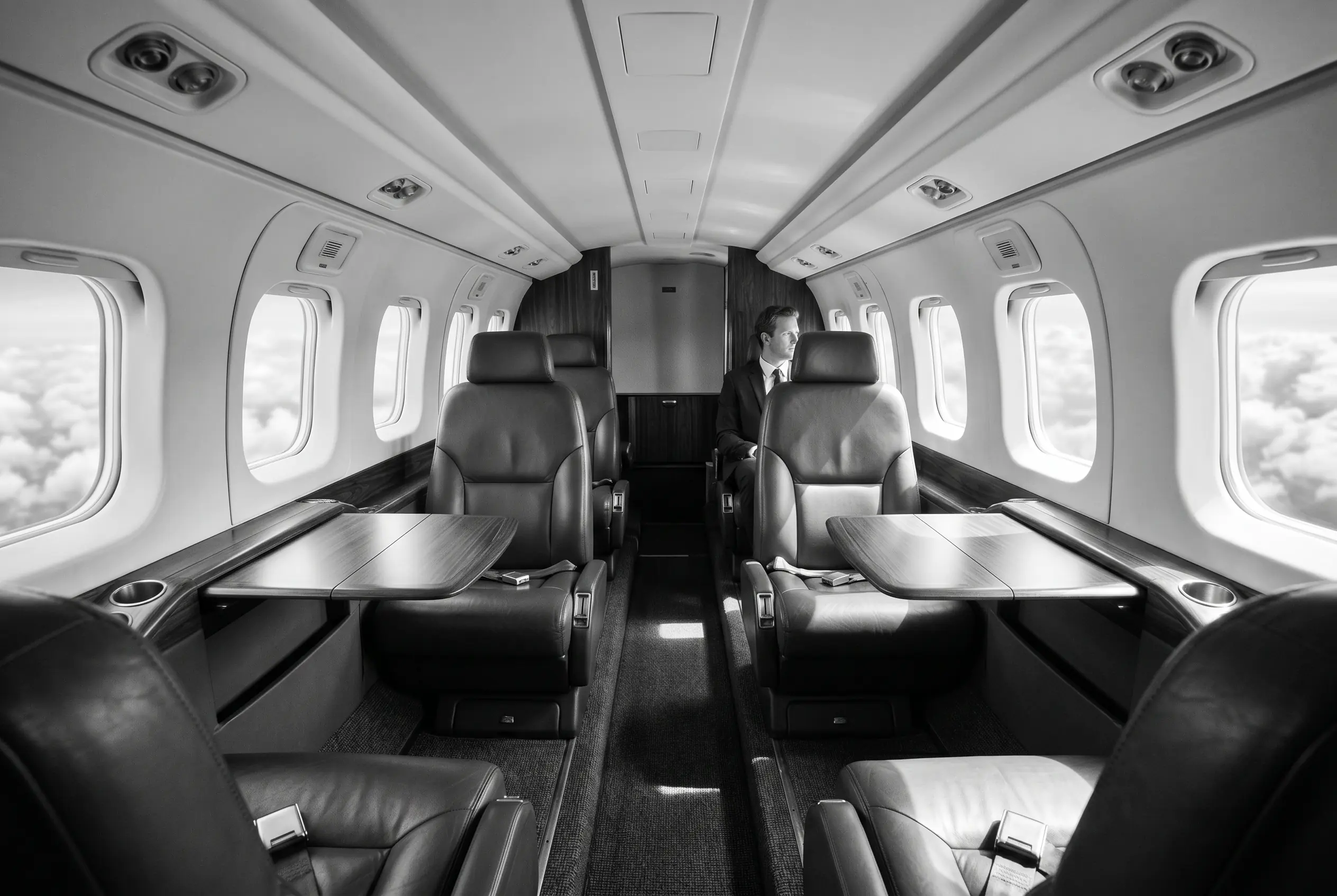 Cessna Grand Caravan EX cabin for a New York to Miami charter, in black and white