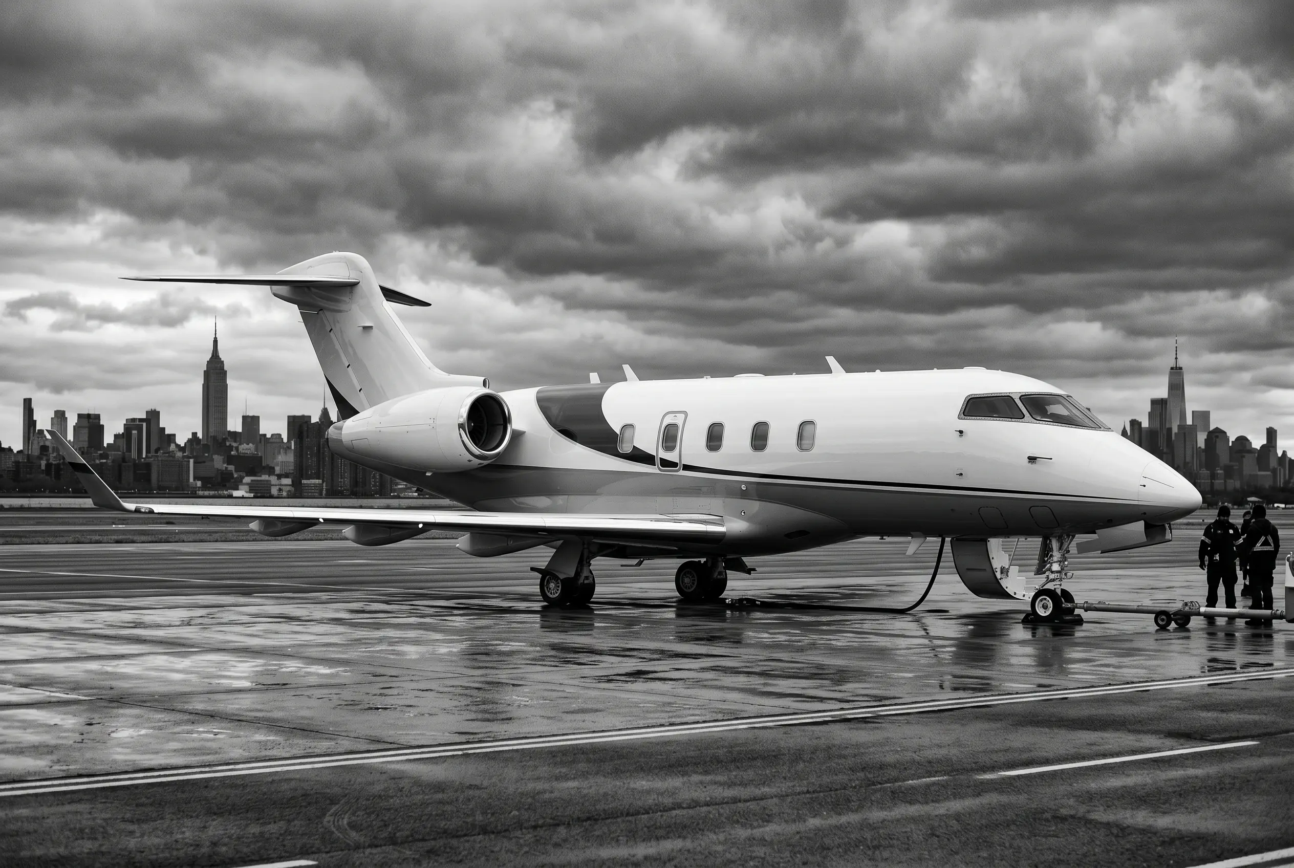 Bombardier Challenger 350 super-midsize jet on a ramp before a New York to Miami flight