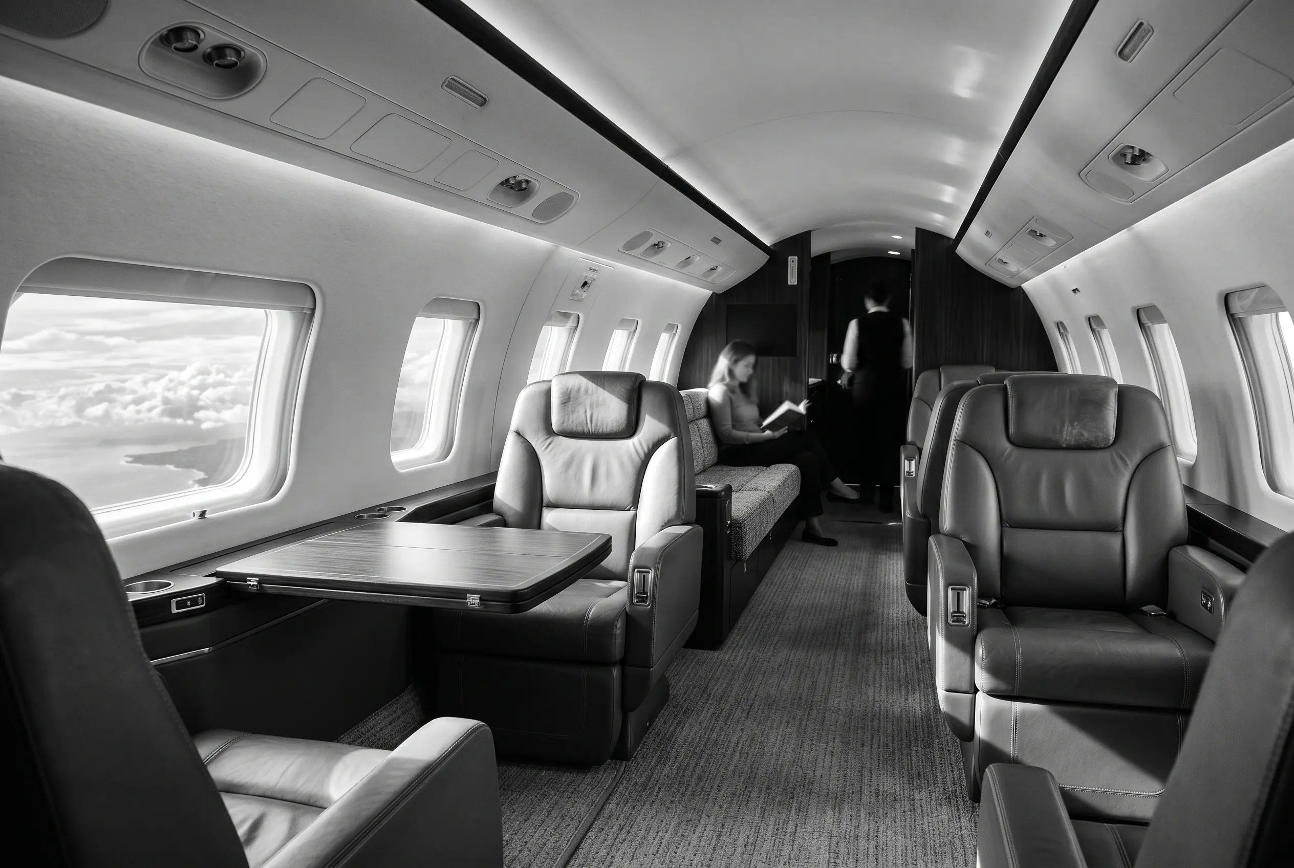 Bombardier Challenger 3500 wide flat-floor cabin for a New York to Miami charter, in black and white