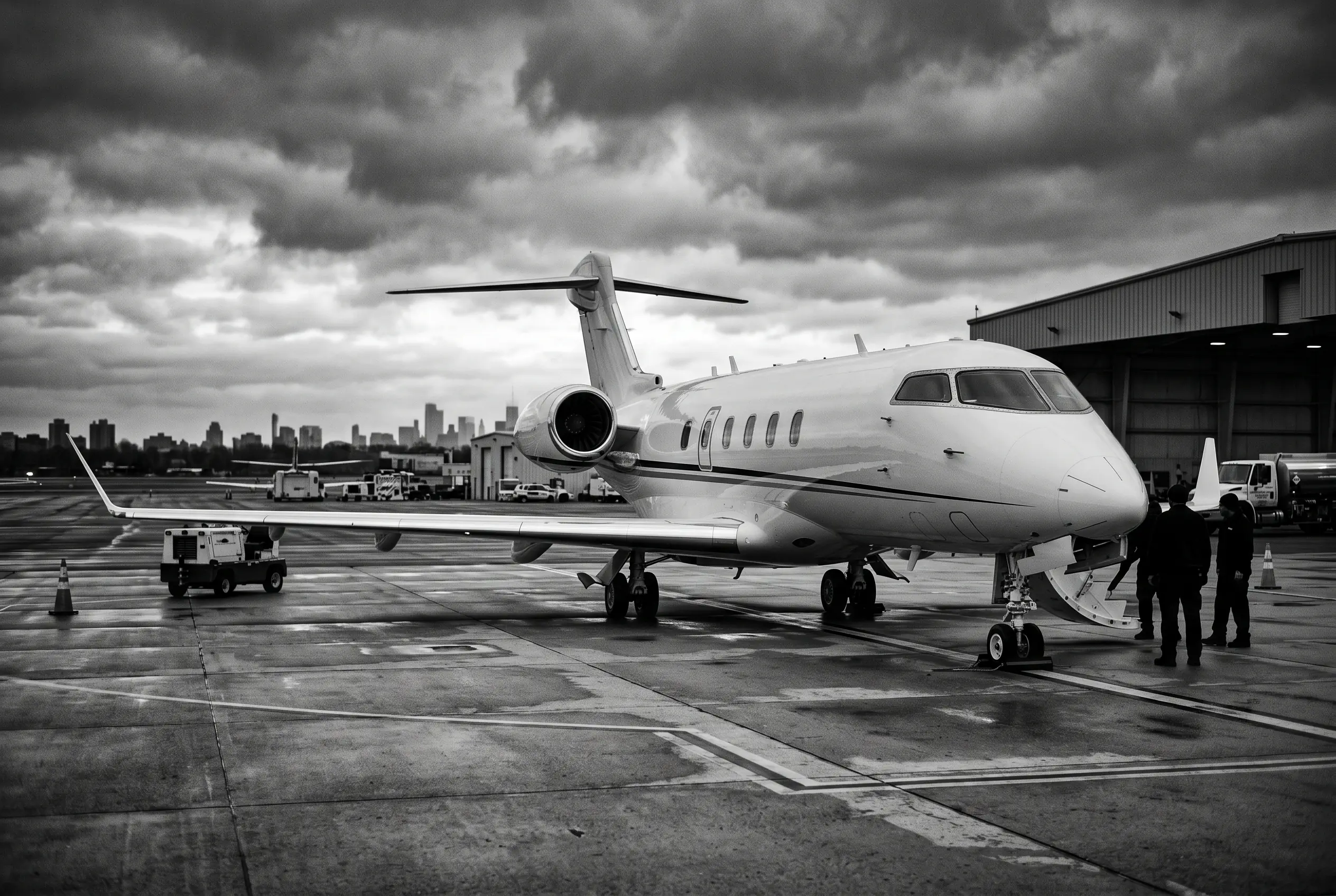 Bombardier Challenger 3500 super-midsize jet on a ramp before a New York to Miami flight