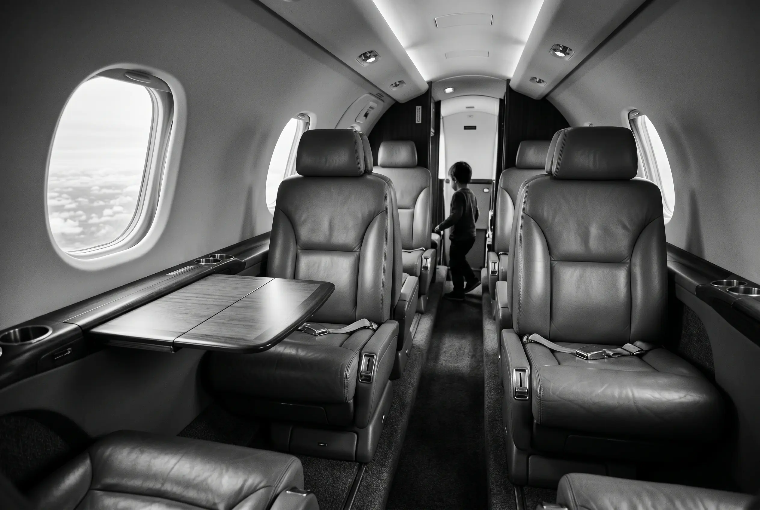 Cessna Citation CJ4 club cabin for a New York to Miami charter, in black and white