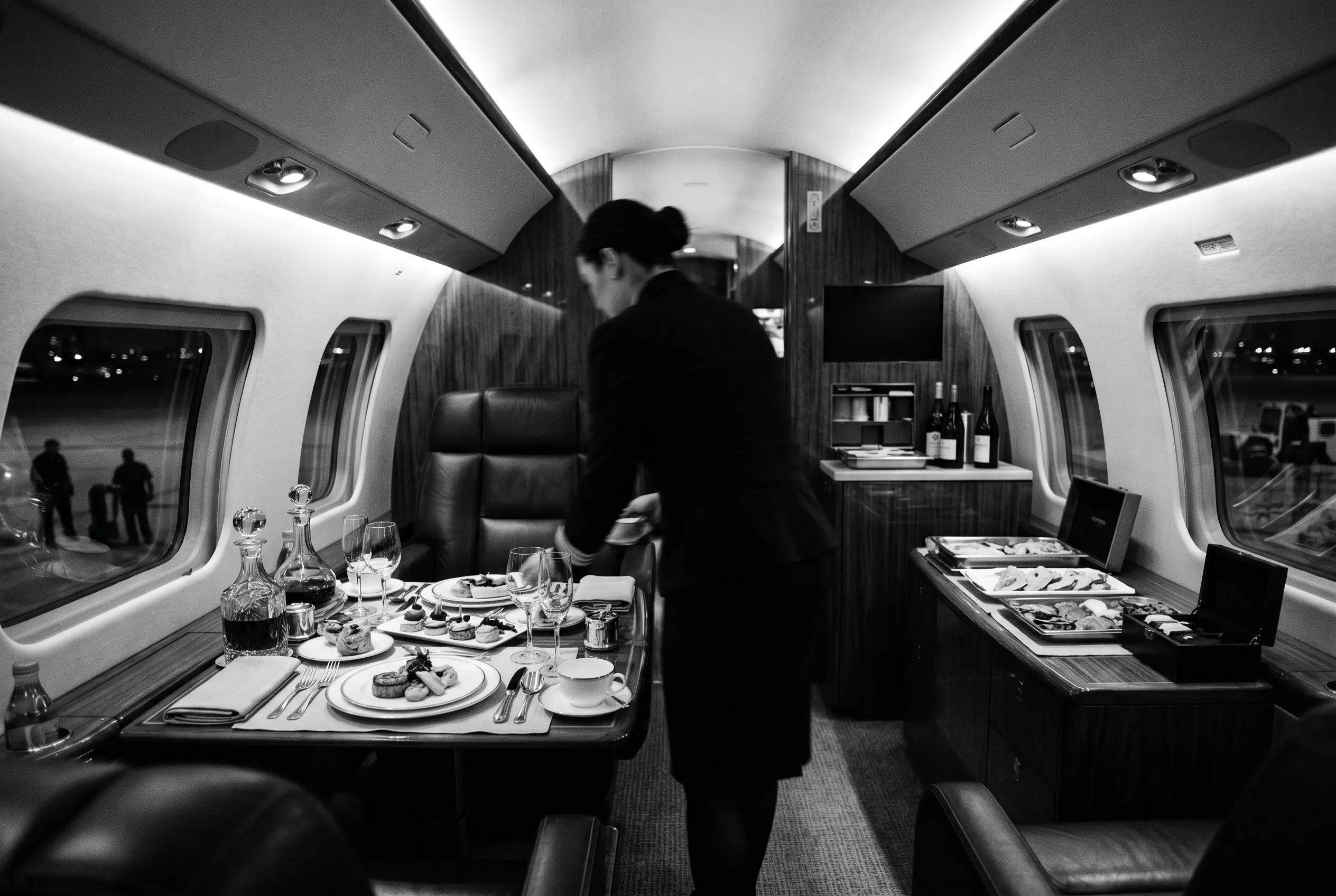 Catering being prepared for a private jet cabin ahead of a New York to Miami flight