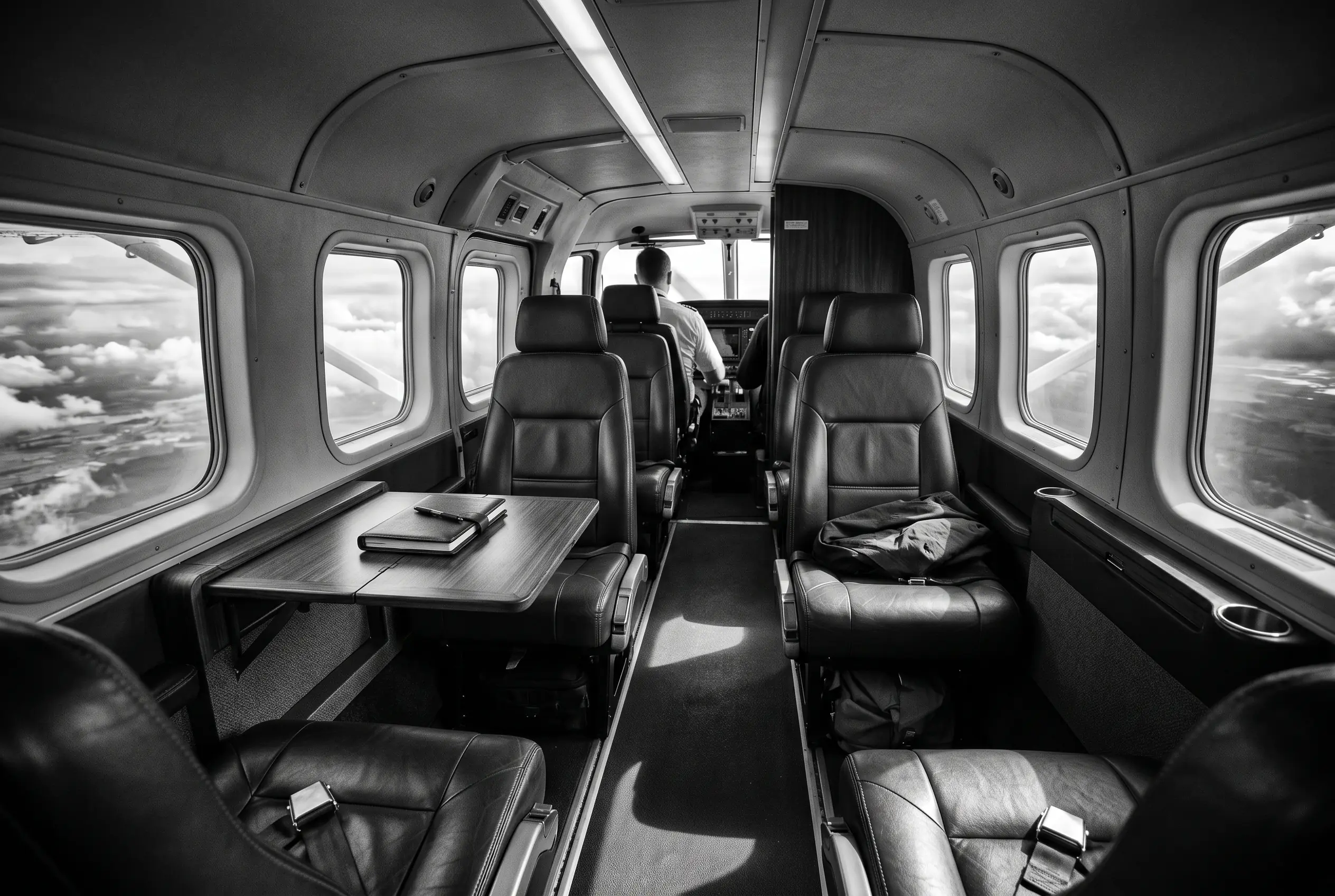 Daher Kodiak 900 utility cabin for a New York to Miami charter, in monochrome
