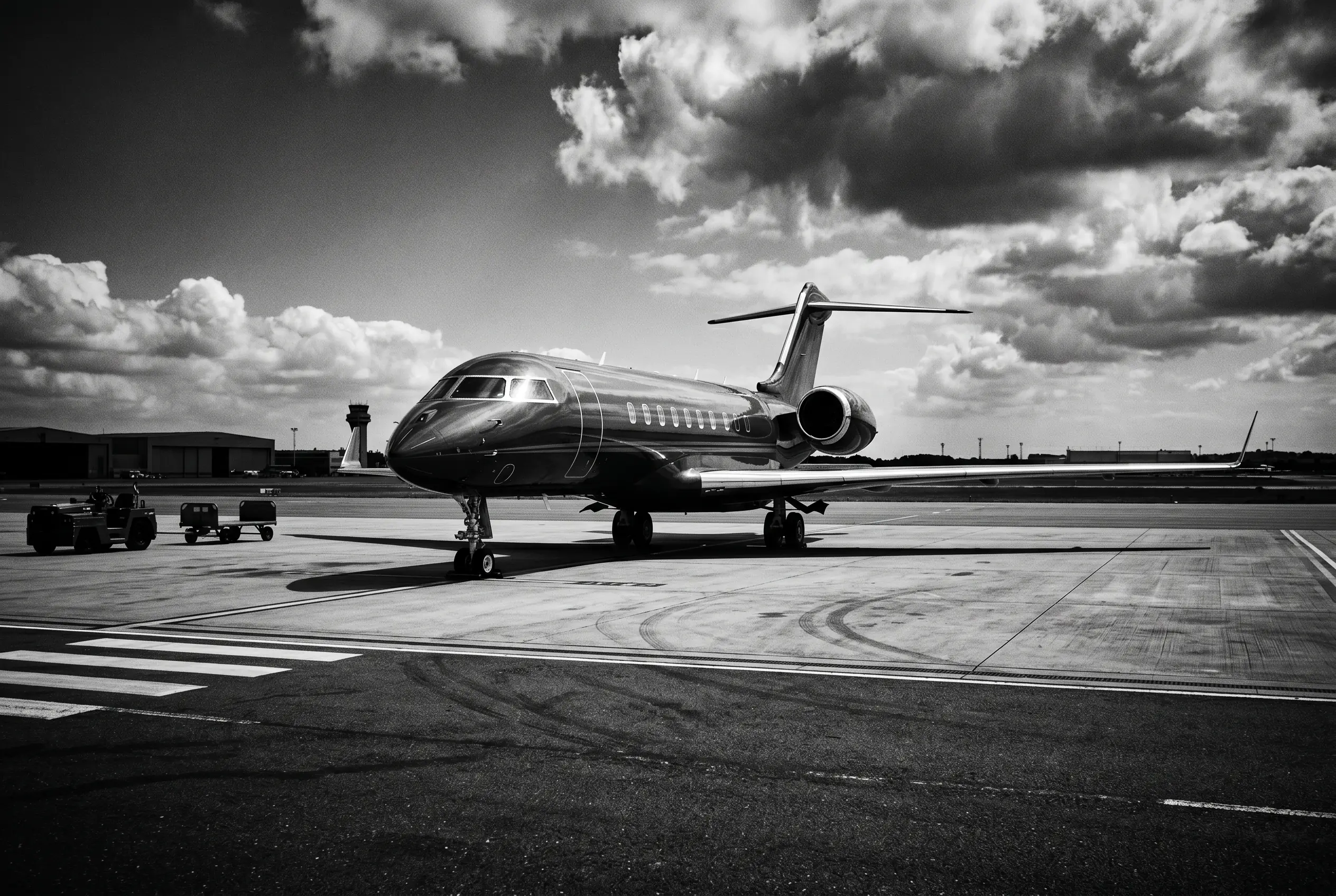 Private jet repositioning empty on a ramp, available as a New York to Miami empty leg, in black and white