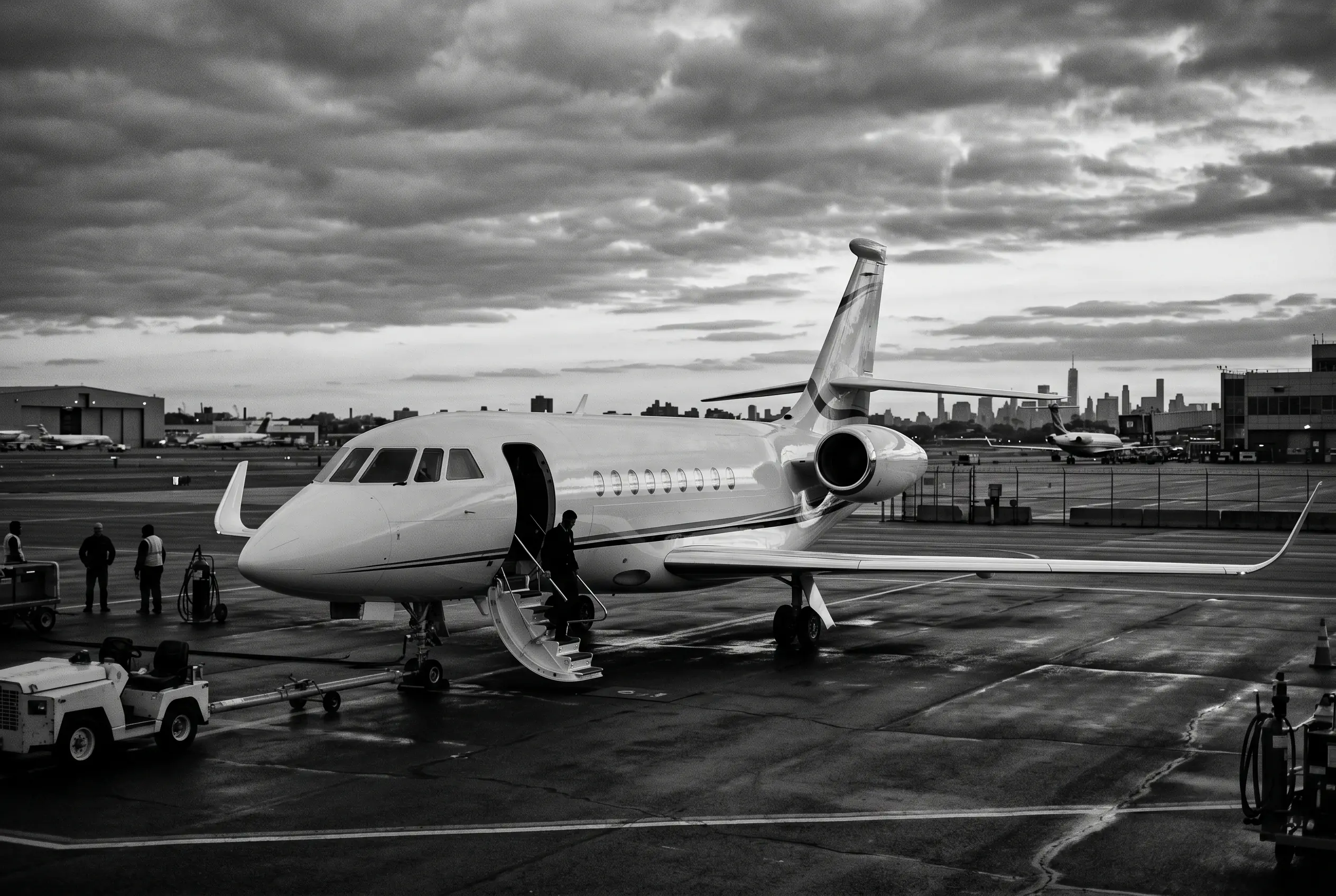 Dassault Falcon 2000LXS twin-engine heavy jet on a ramp before a New York to Miami flight