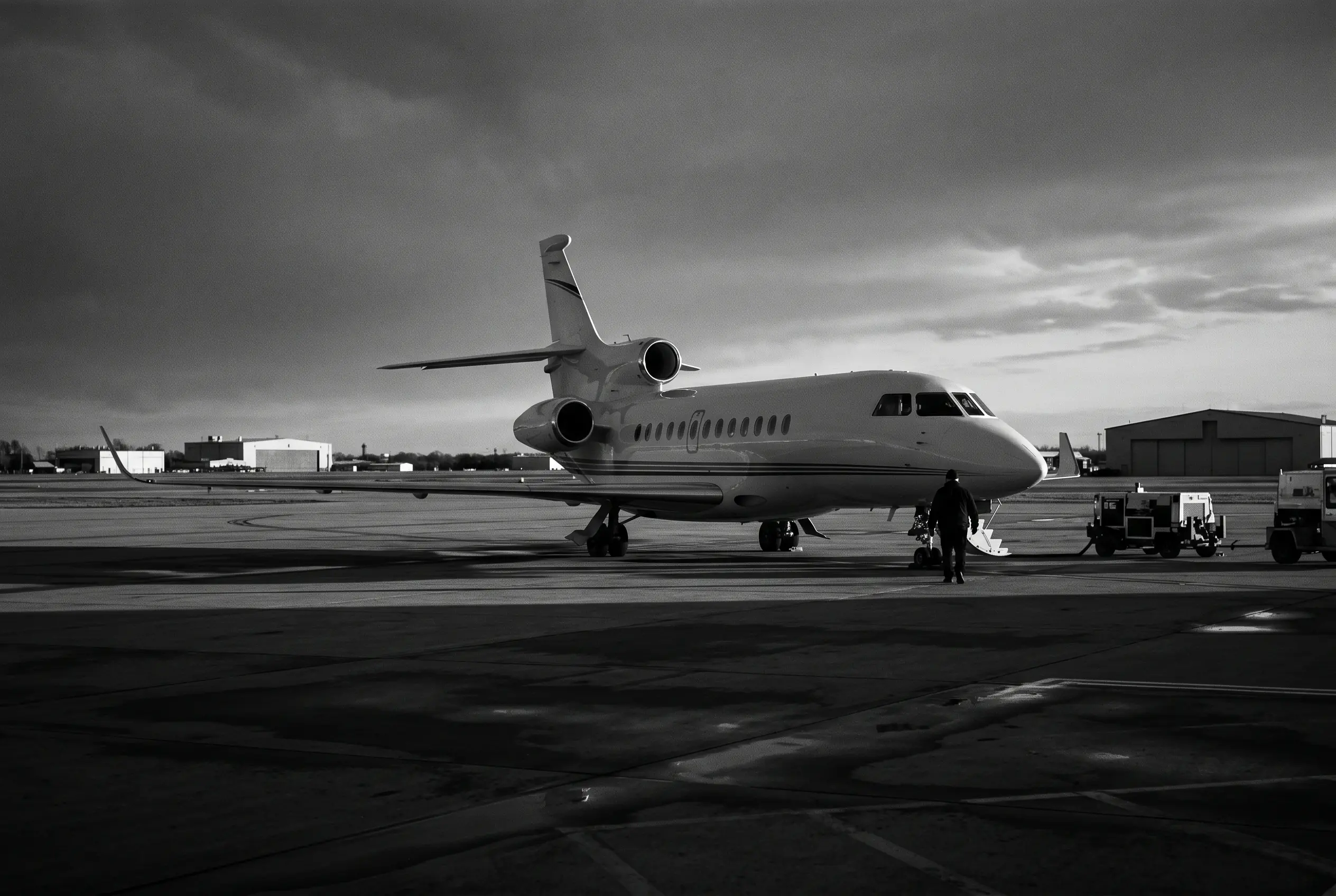 Dassault Falcon 7X three-engine heavy jet on a ramp before a New York to Miami flight