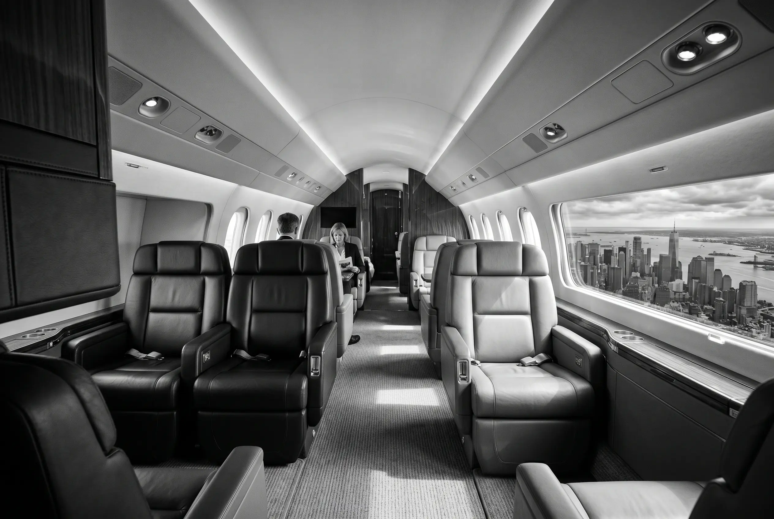 Dassault Falcon 8X long cabin for a New York to Miami charter, in black and white