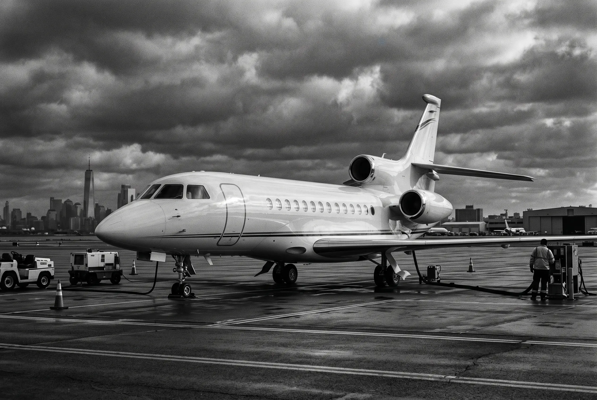 Dassault Falcon 8X three-engine heavy jet on a ramp before a New York to Miami flight