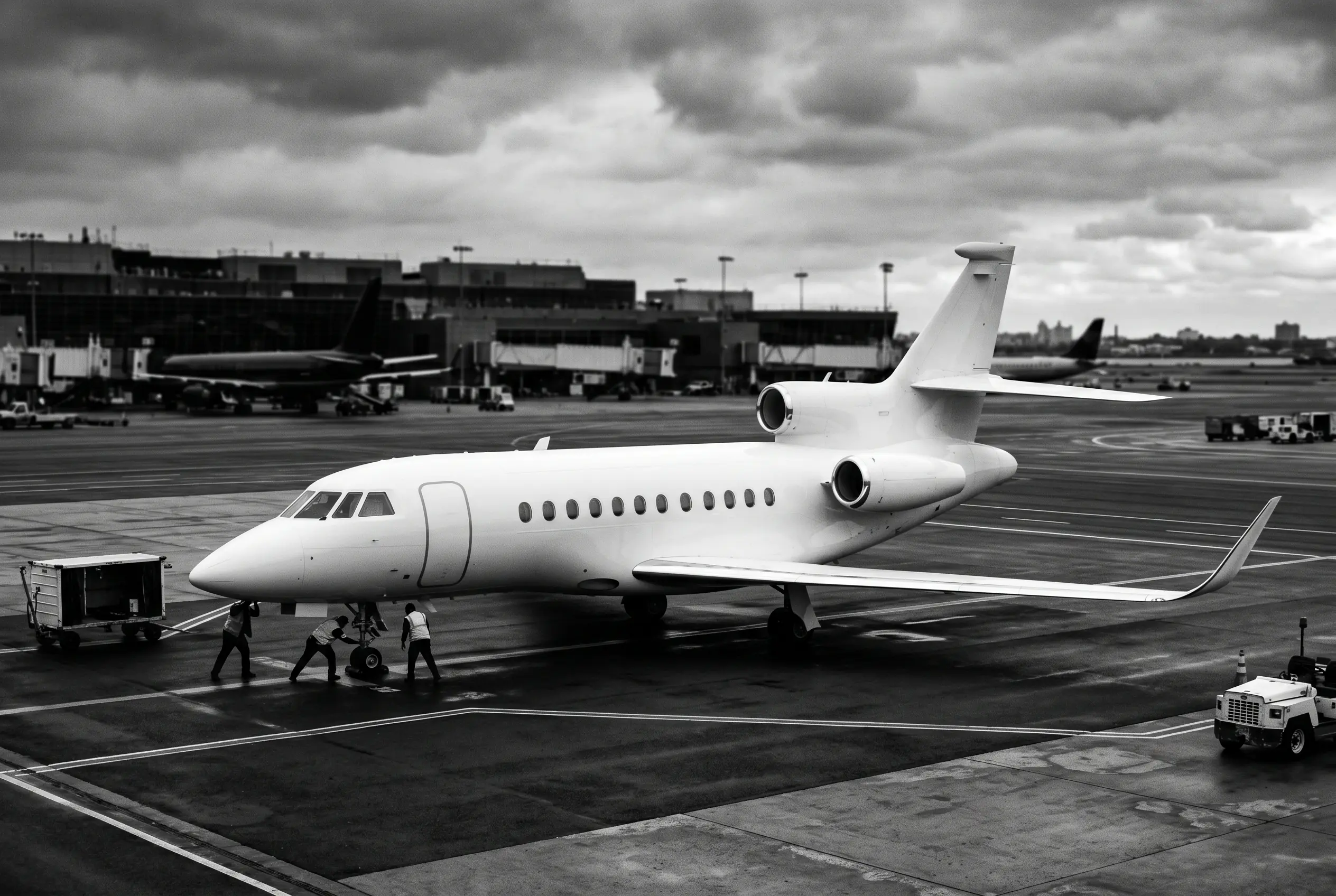 Dassault Falcon 900LX three-engine heavy jet on a ramp before a New York to Miami flight