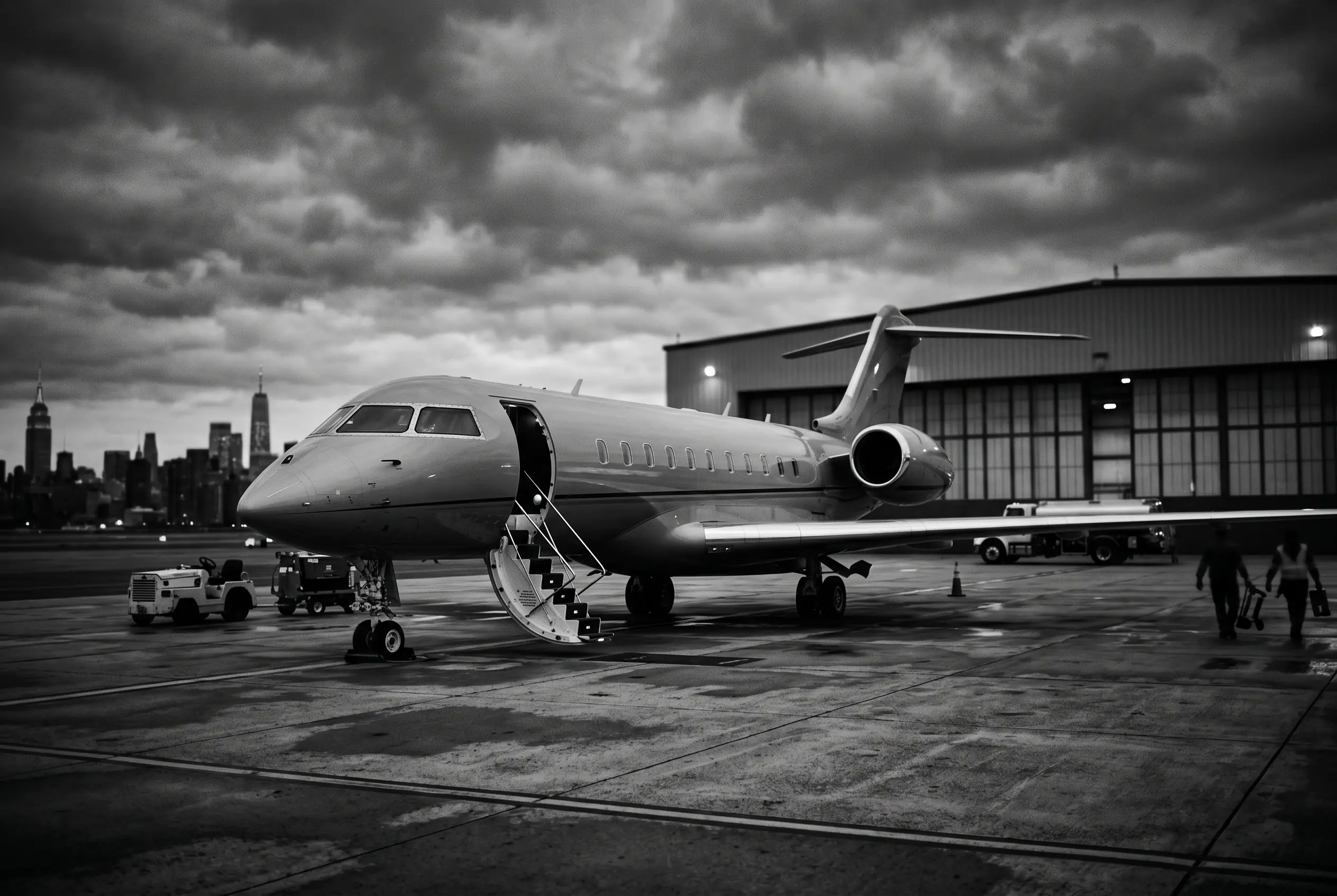 Bombardier Global 5500 heavy jet on a ramp before a New York to Miami flight