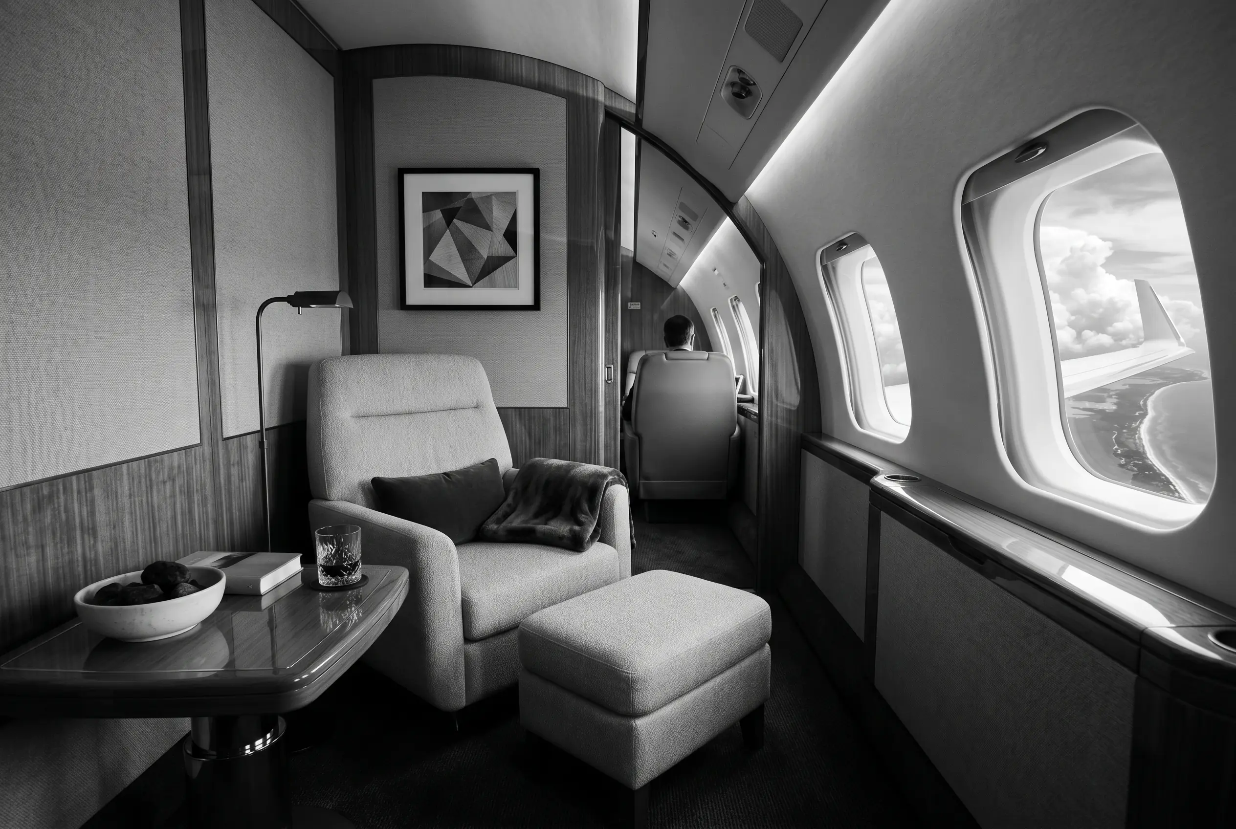 Private stateroom in a Bombardier Global 6000 on a New York to Miami flight