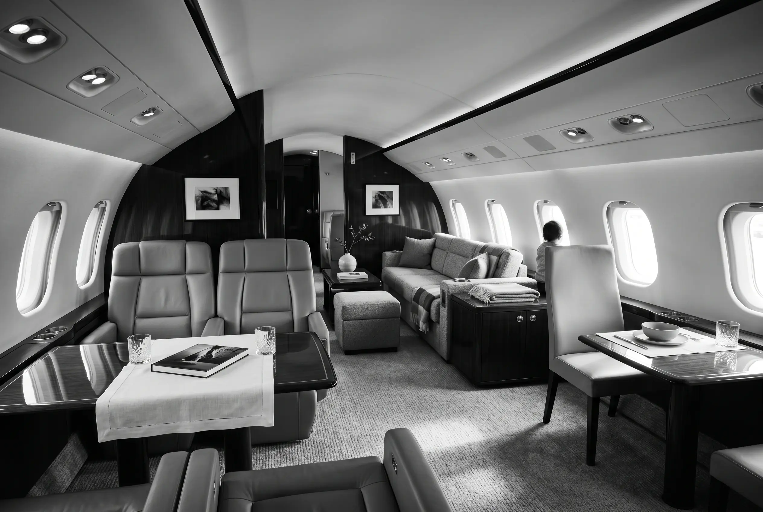 Bombardier Global 6000 large cabin with three living zones for a New York to Miami charter, in black and white