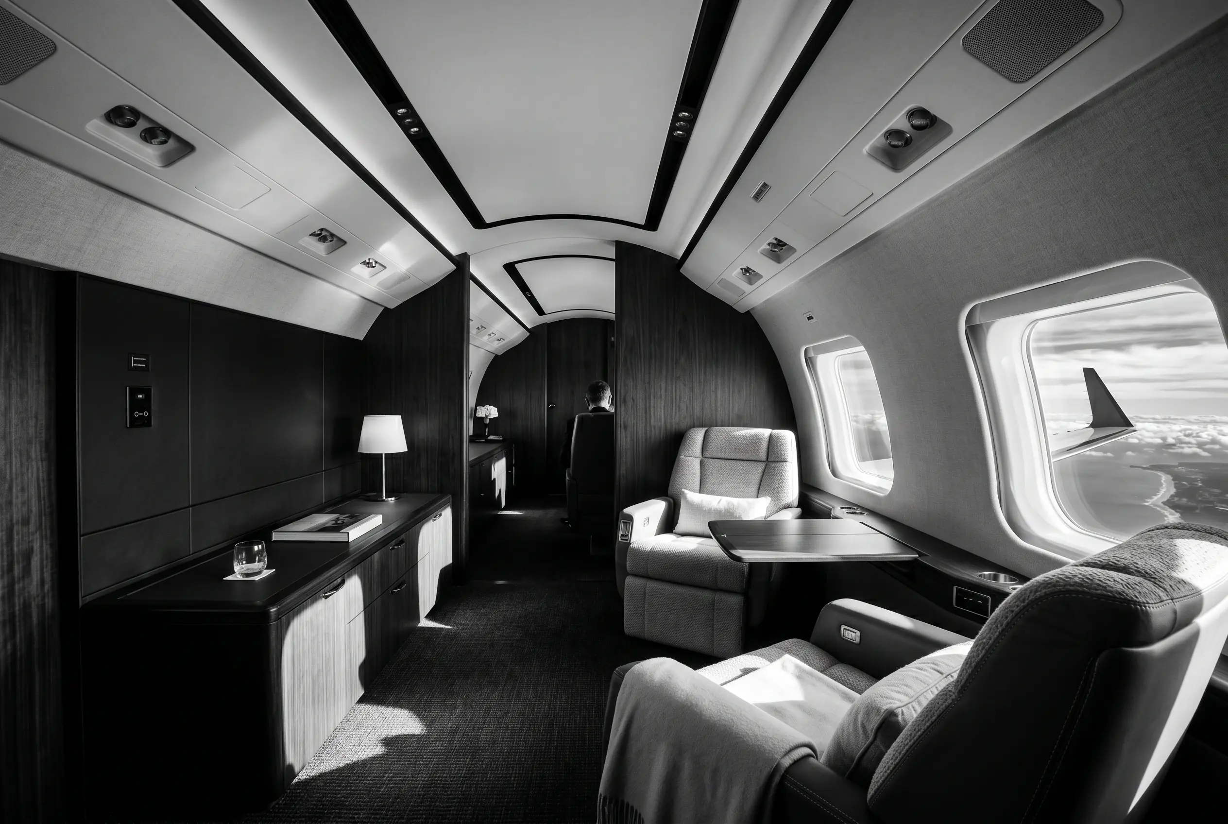 Private stateroom in a Bombardier Global 6500 on a New York to Miami flight