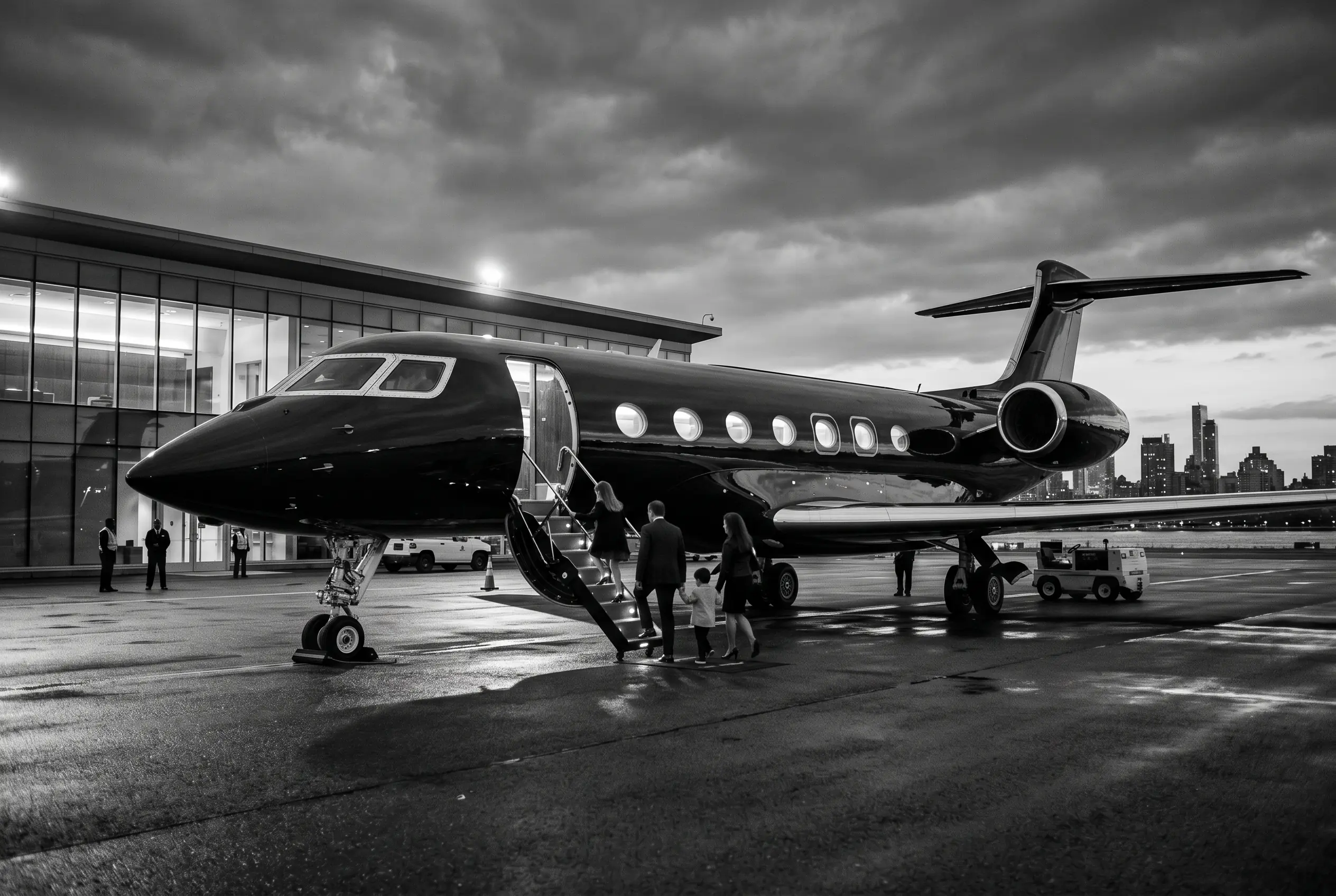 A group boarding a large private jet at a New York FBO for Miami