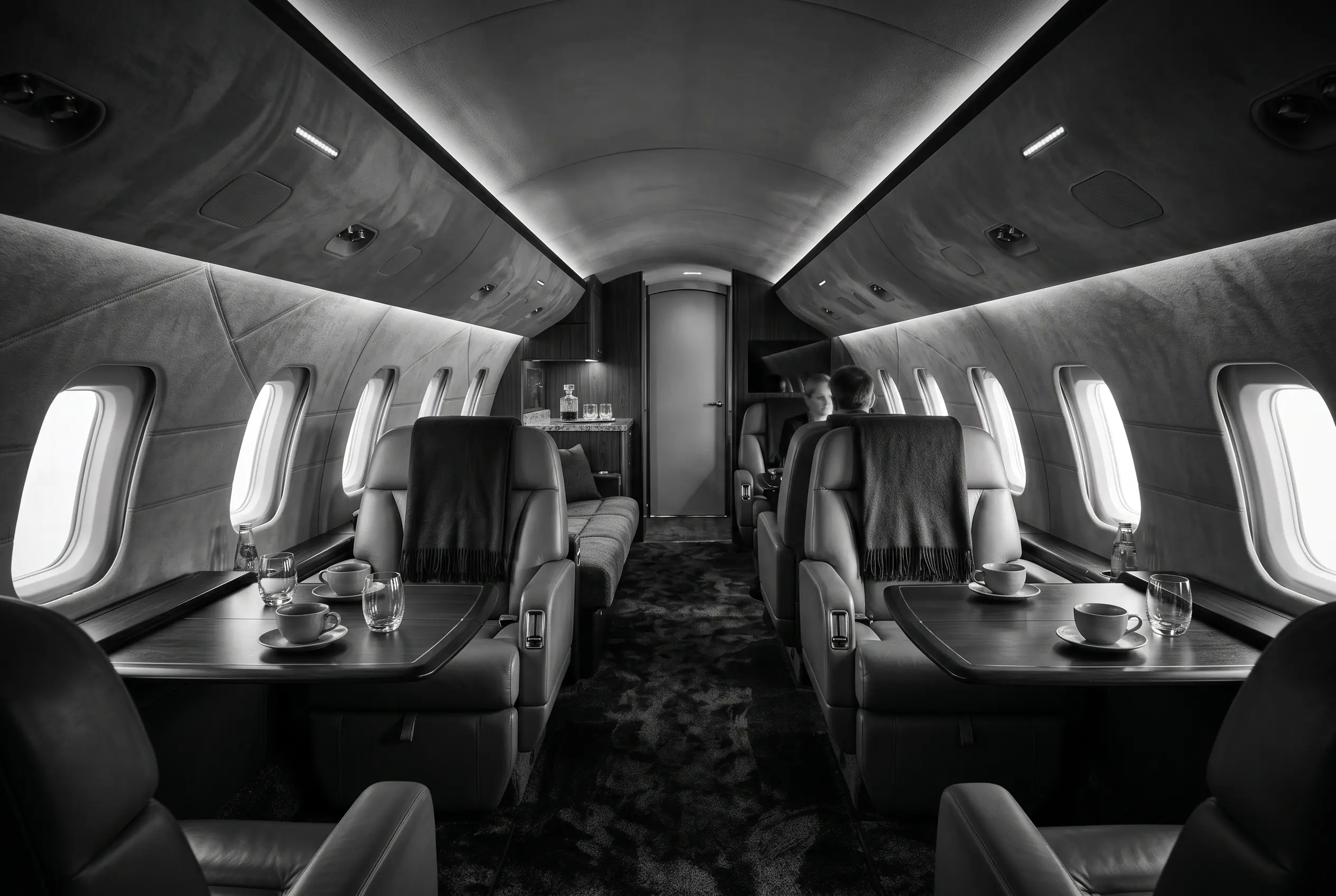 Large jet cabin set up for a group travelling together from New York to Miami, in monochrome