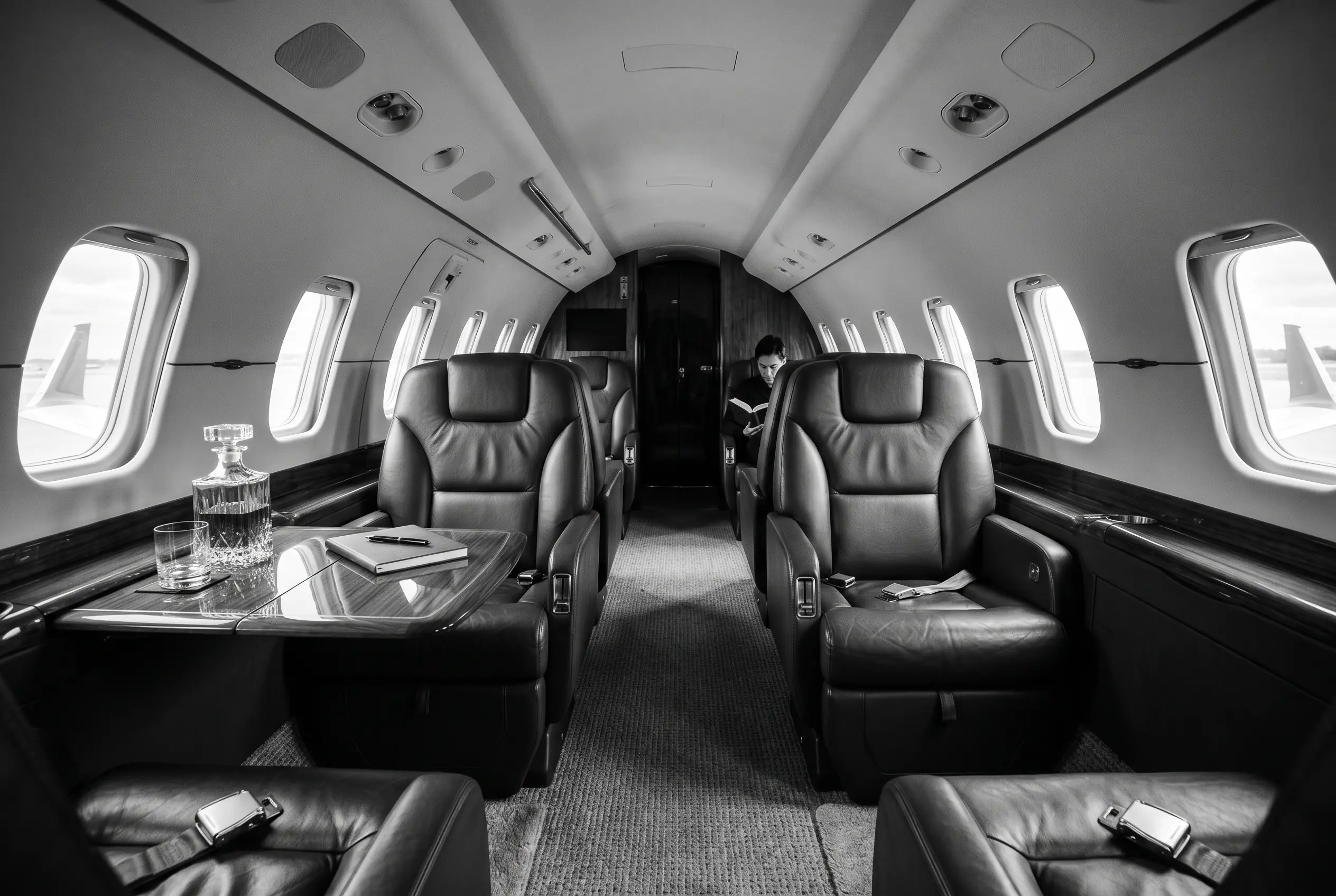 Gulfstream G200 wide flat-floor cabin for a New York to Miami charter, in black and white