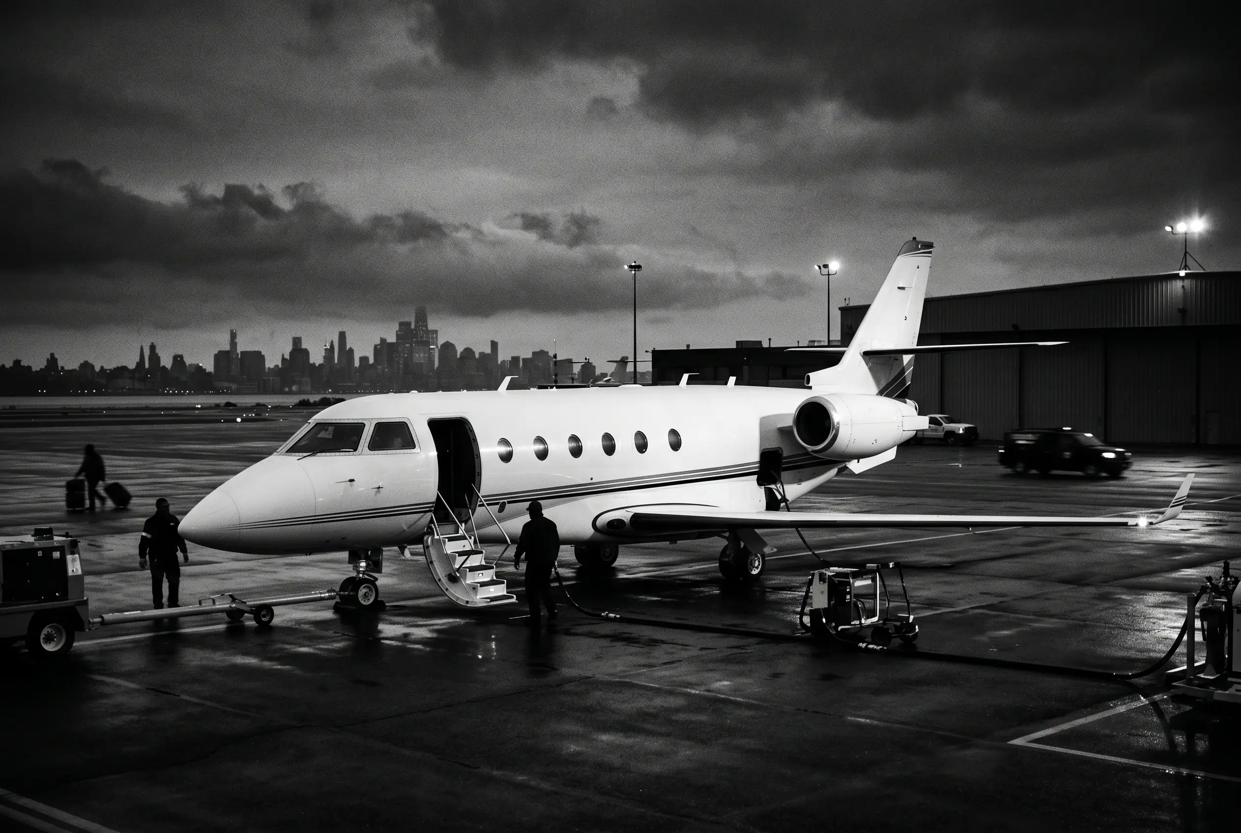 Gulfstream G200 super-midsize jet on a ramp before a New York to Miami flight