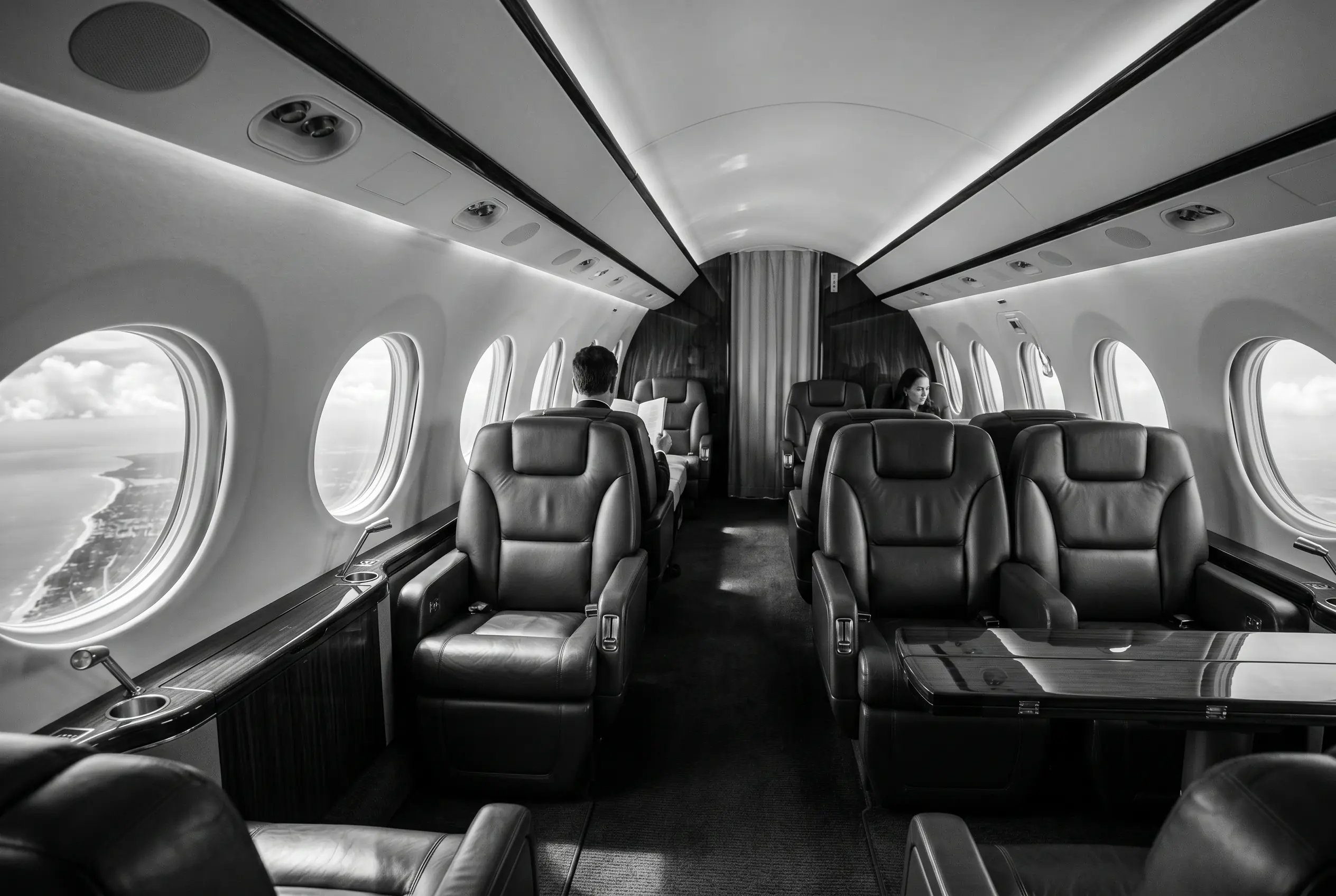 Gulfstream G600 large cabin for a New York to Miami charter, in black and white
