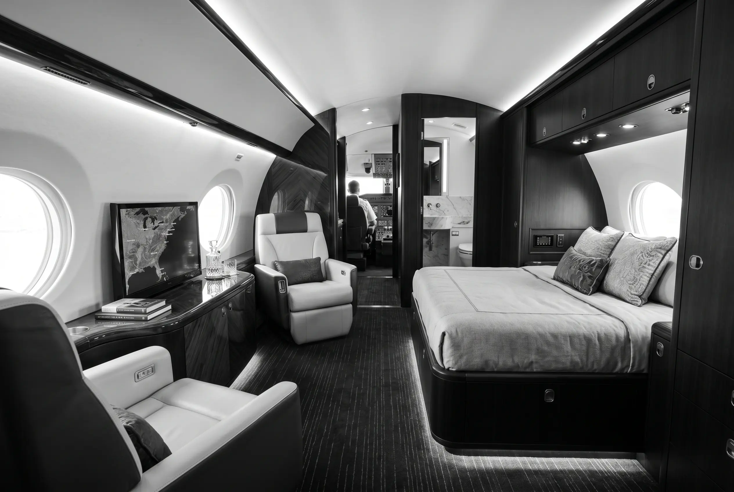 Private aft stateroom in a Gulfstream G650ER on a New York to Miami flight