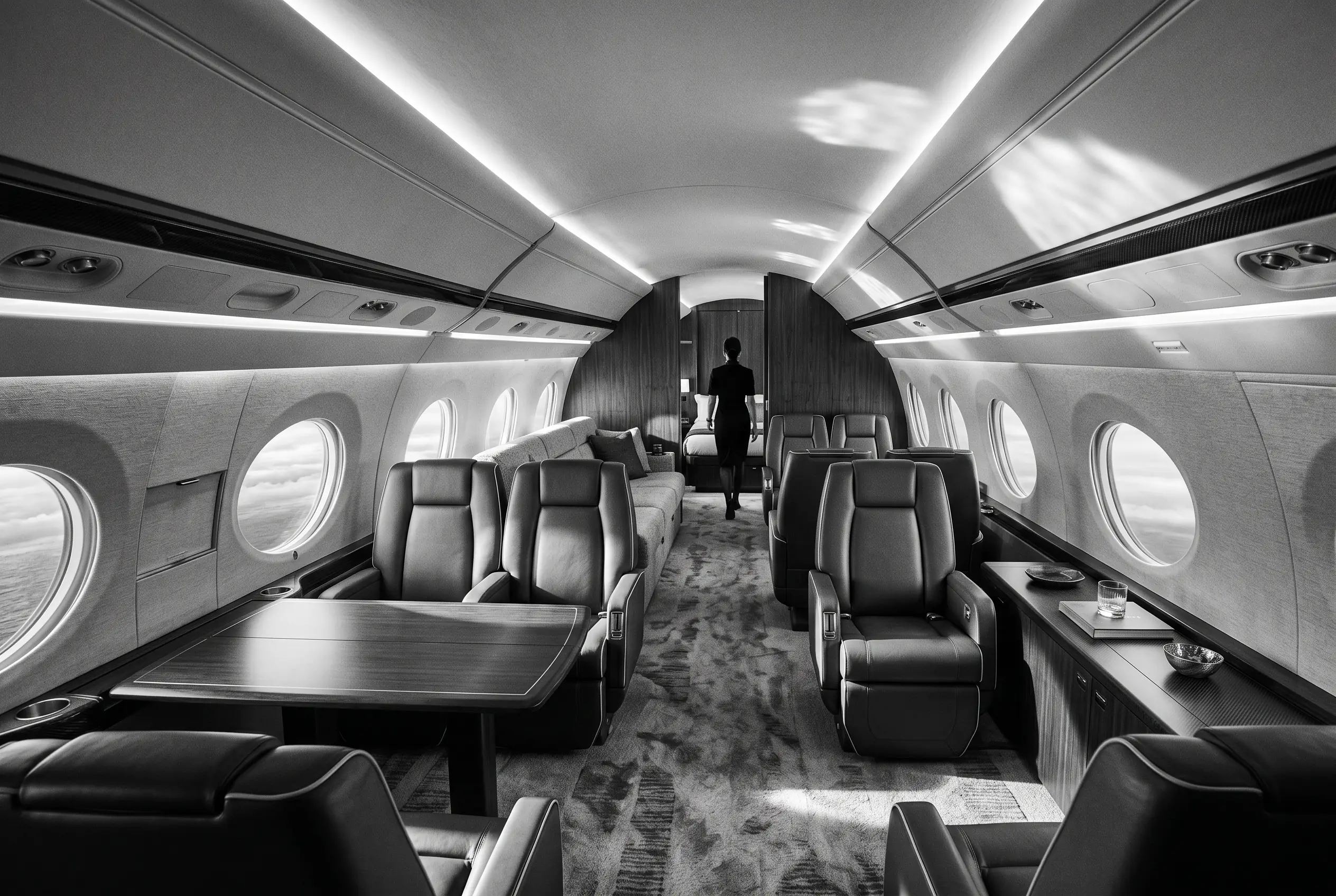 Gulfstream G650ER large cabin with multiple living zones for a New York to Miami charter, in monochrome