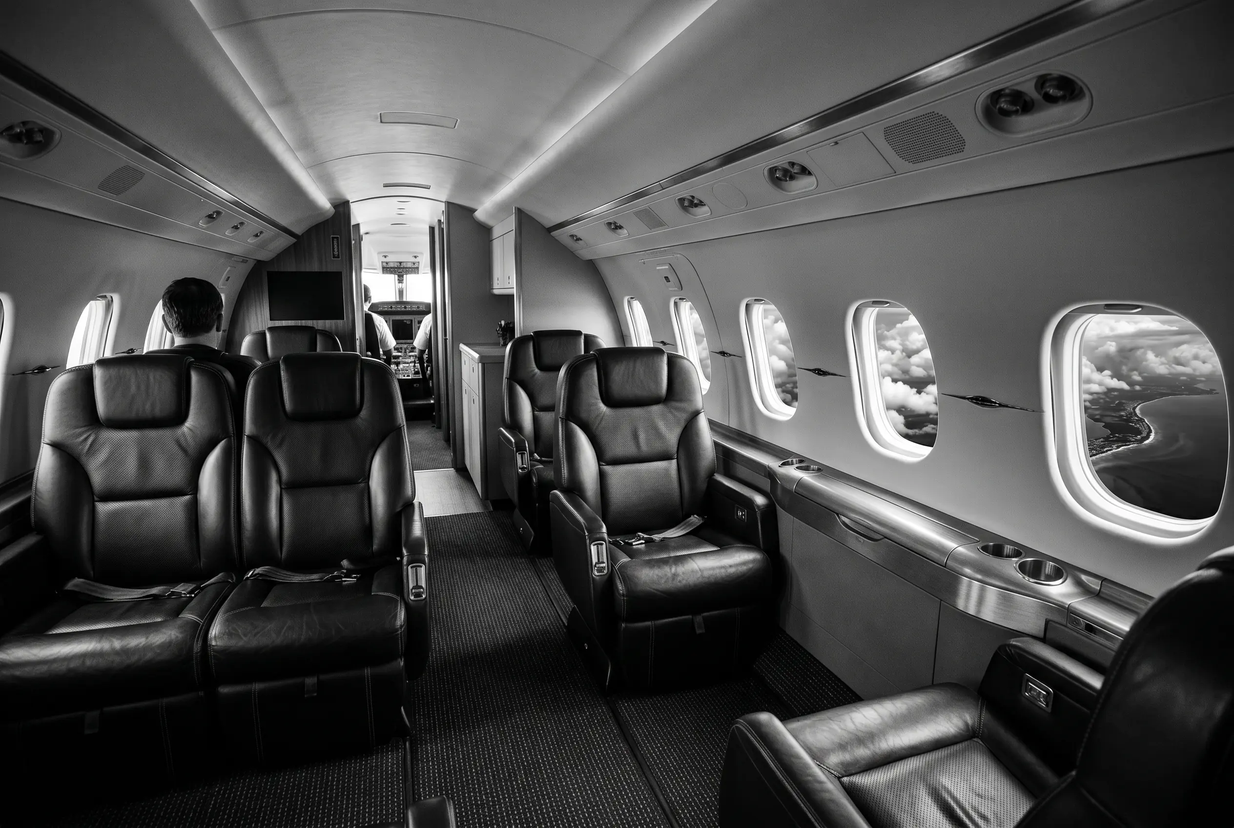 Hawker 4000 flat-floor cabin for a New York to Miami charter, in black and white