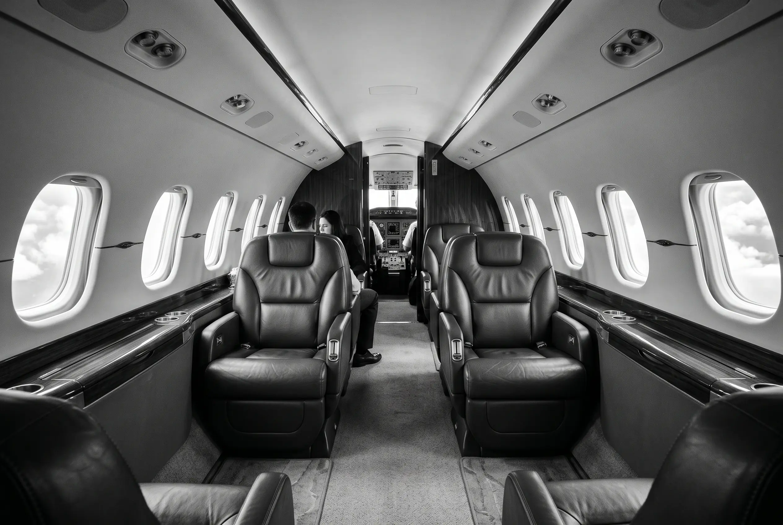 Hawker 800XP wide flat-floor cabin for a New York to Miami charter, in black and white