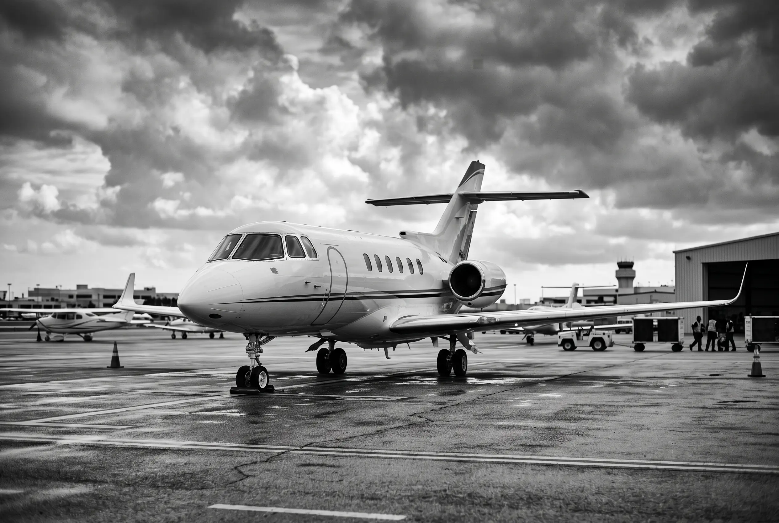 Hawker 900XP midsize jet with winglets on a ramp before a New York to Miami flight