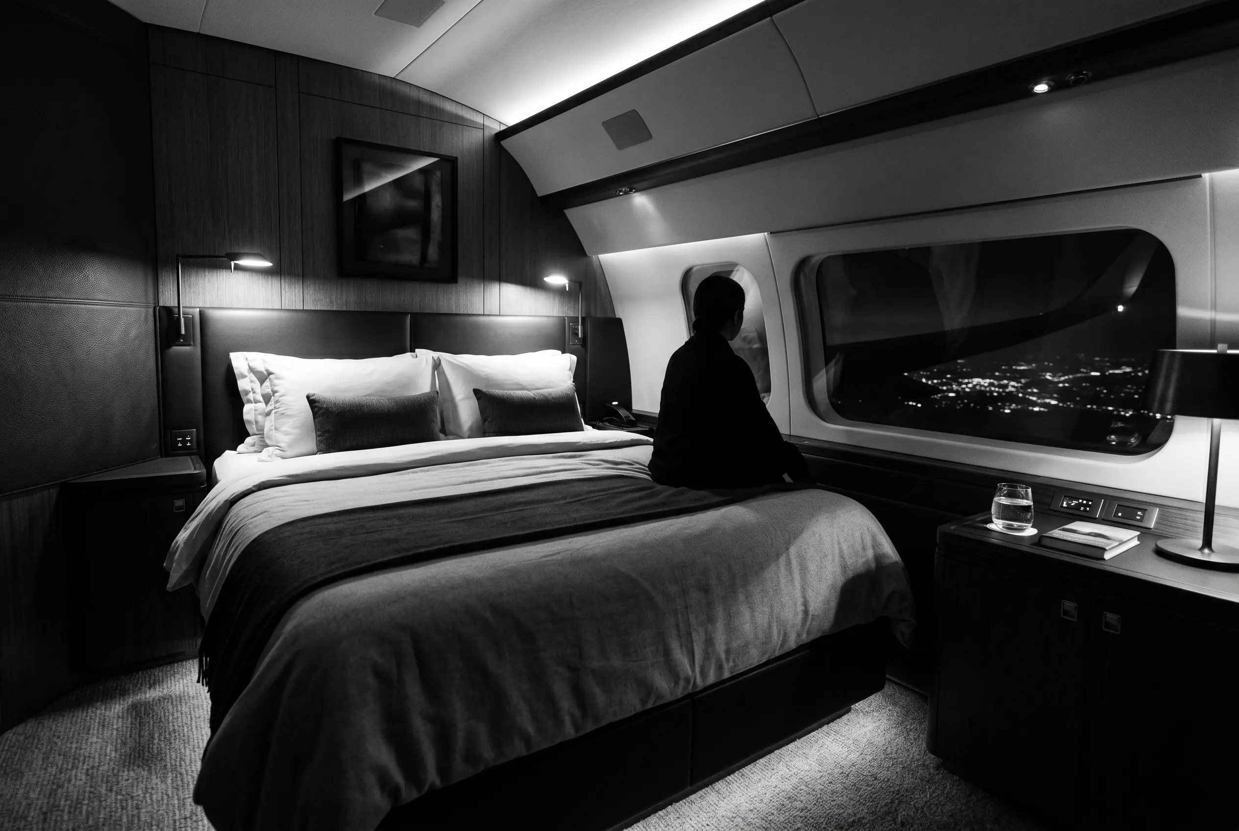 Private aft bedroom in a heavy jet on a New York to Miami flight