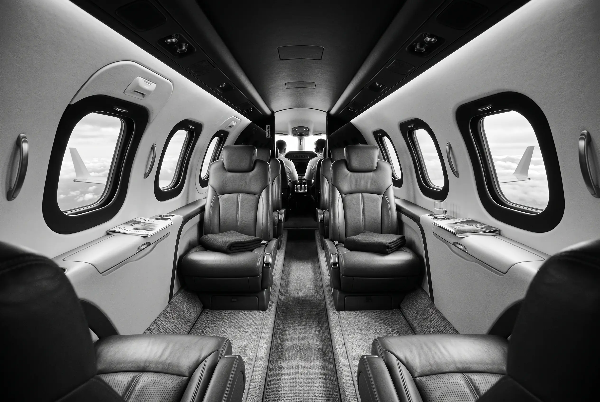 HondaJet Elite II cabin for a New York to Miami charter, in black and white