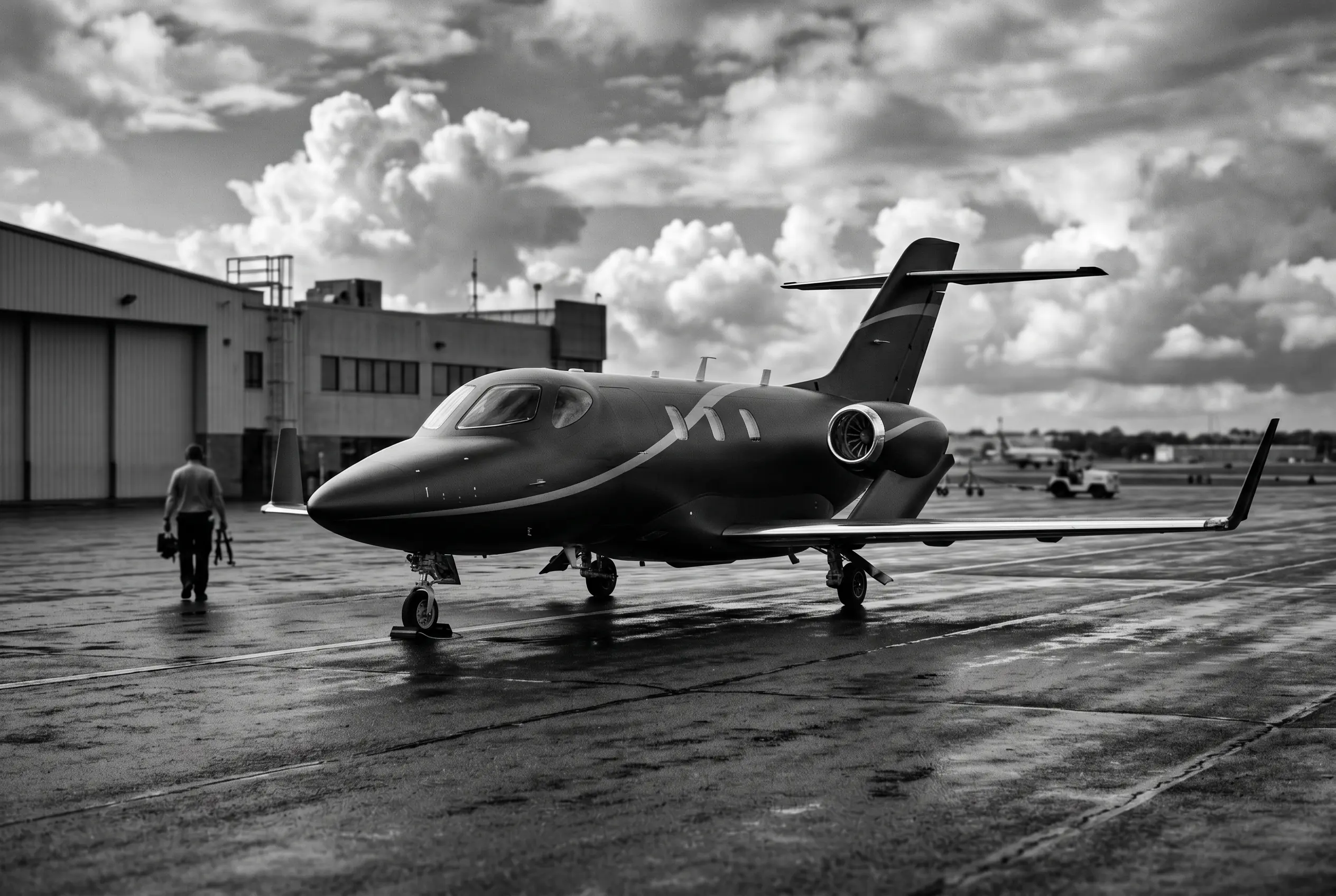 HondaJet Elite II light jet with over-wing engines on a ramp before a New York to Miami flight