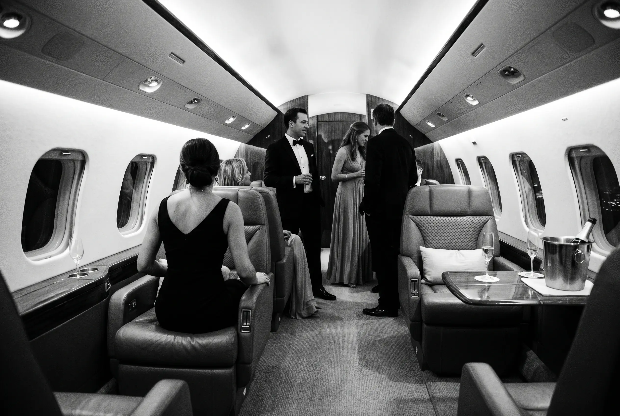 Guests in evening dress aboard a private jet from New York to a Miami event, in black and white