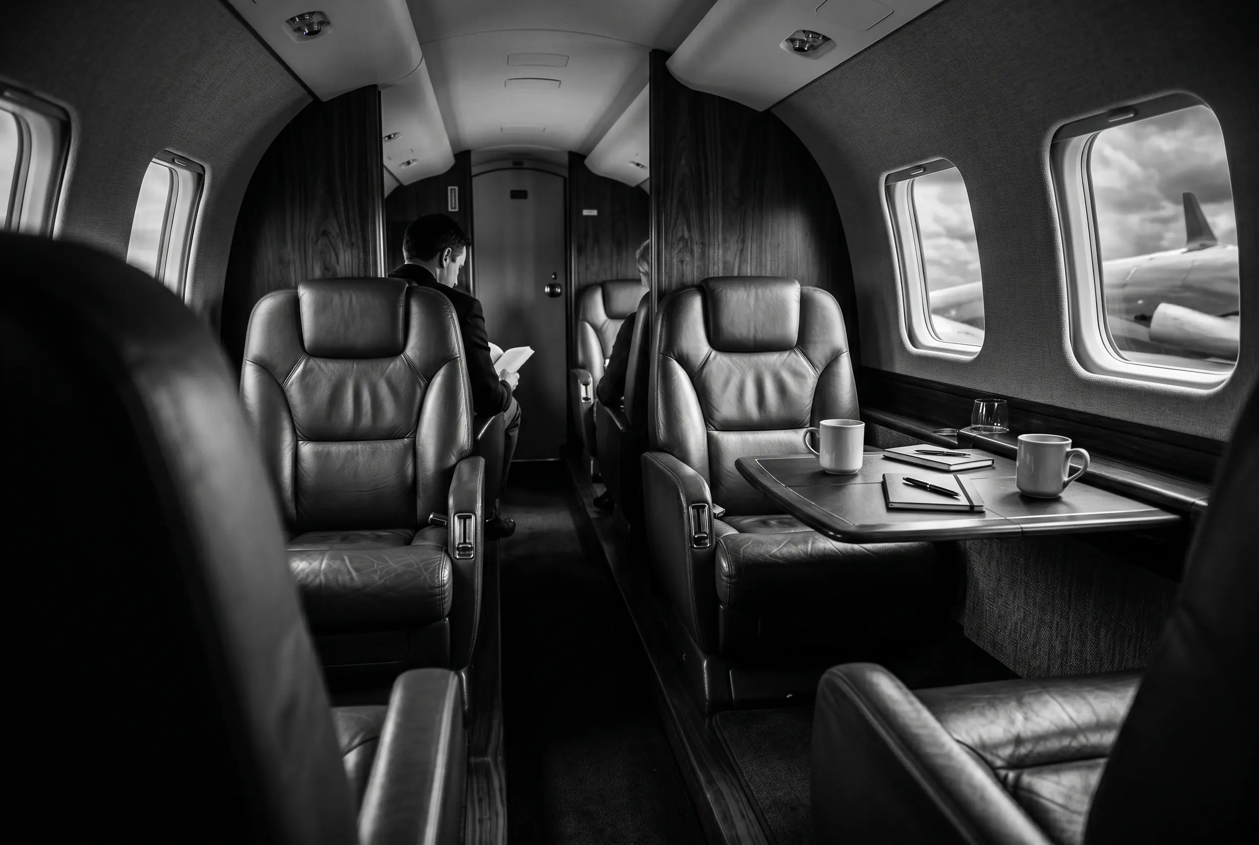 Beechcraft King Air 350 double-club cabin for a New York to Miami charter, in monochrome