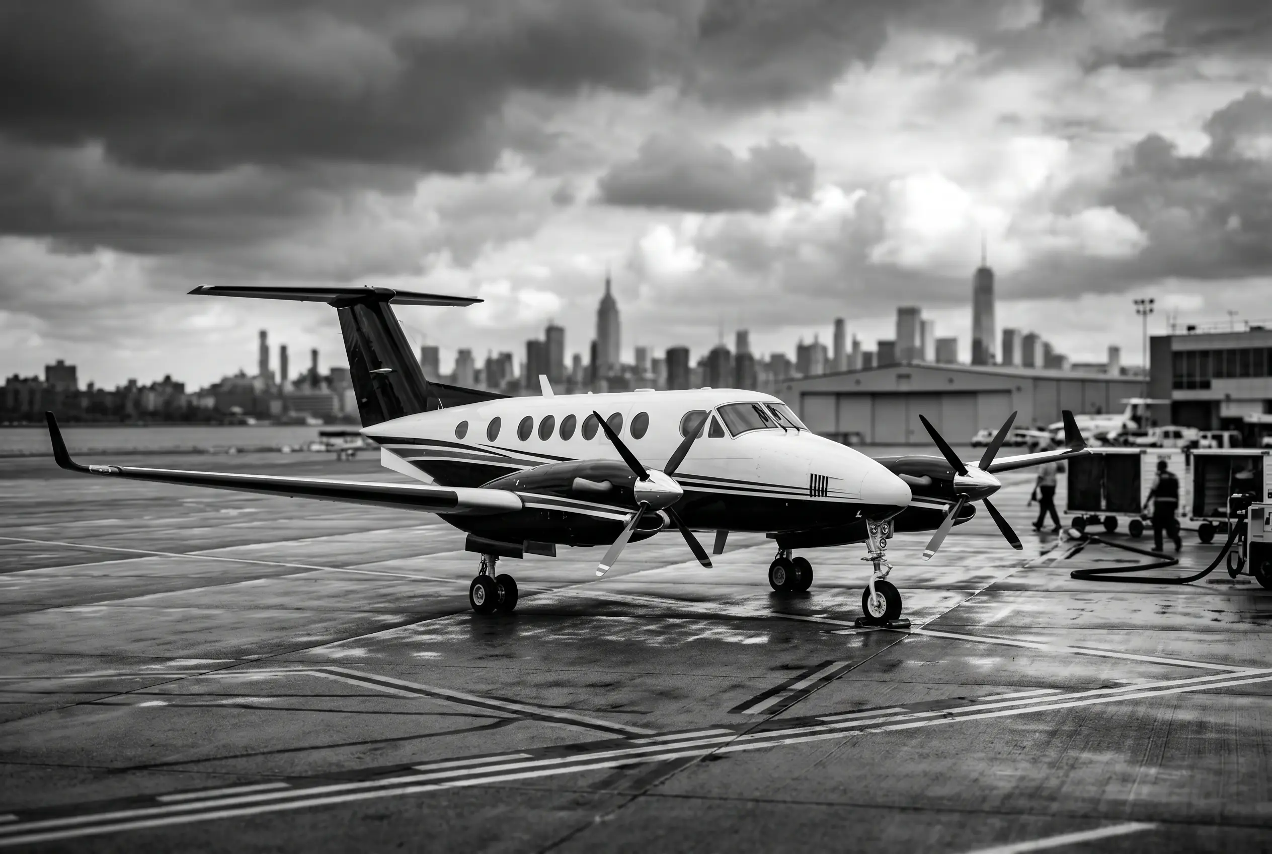 Beechcraft King Air 350 twin turboprop on a ramp before a New York to Miami flight