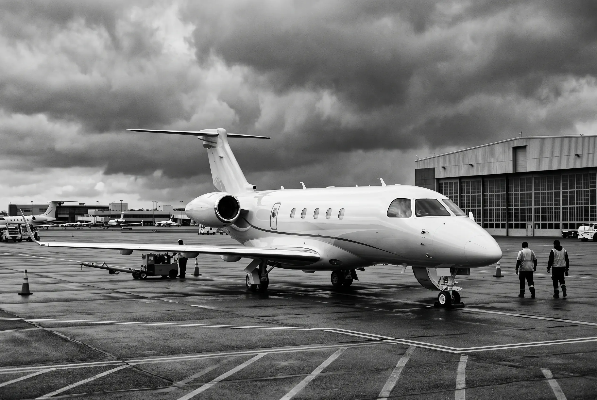 Embraer Legacy 500 midsize jet on a ramp before a New York to Miami flight