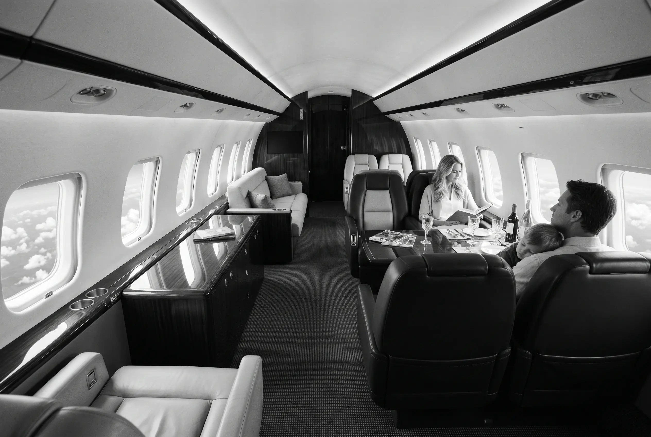 A relaxed family in a bright private jet cabin on a New York to Miami leisure flight, in black and white