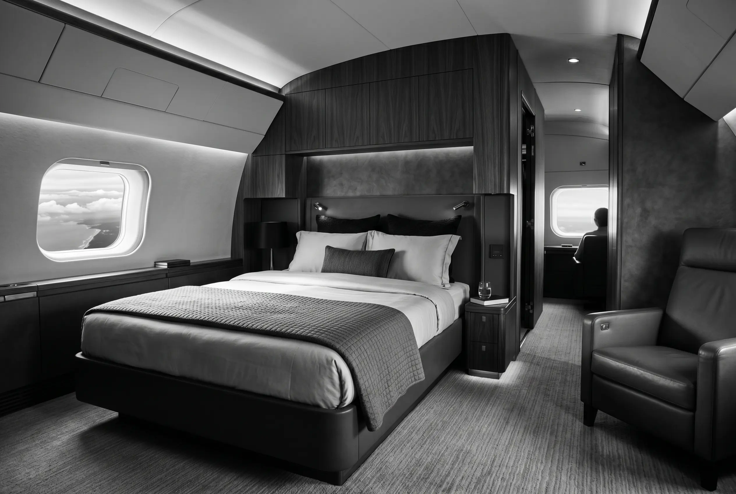 Private bedroom suite inside an Embraer Lineage 1000E on a New York to Miami flight