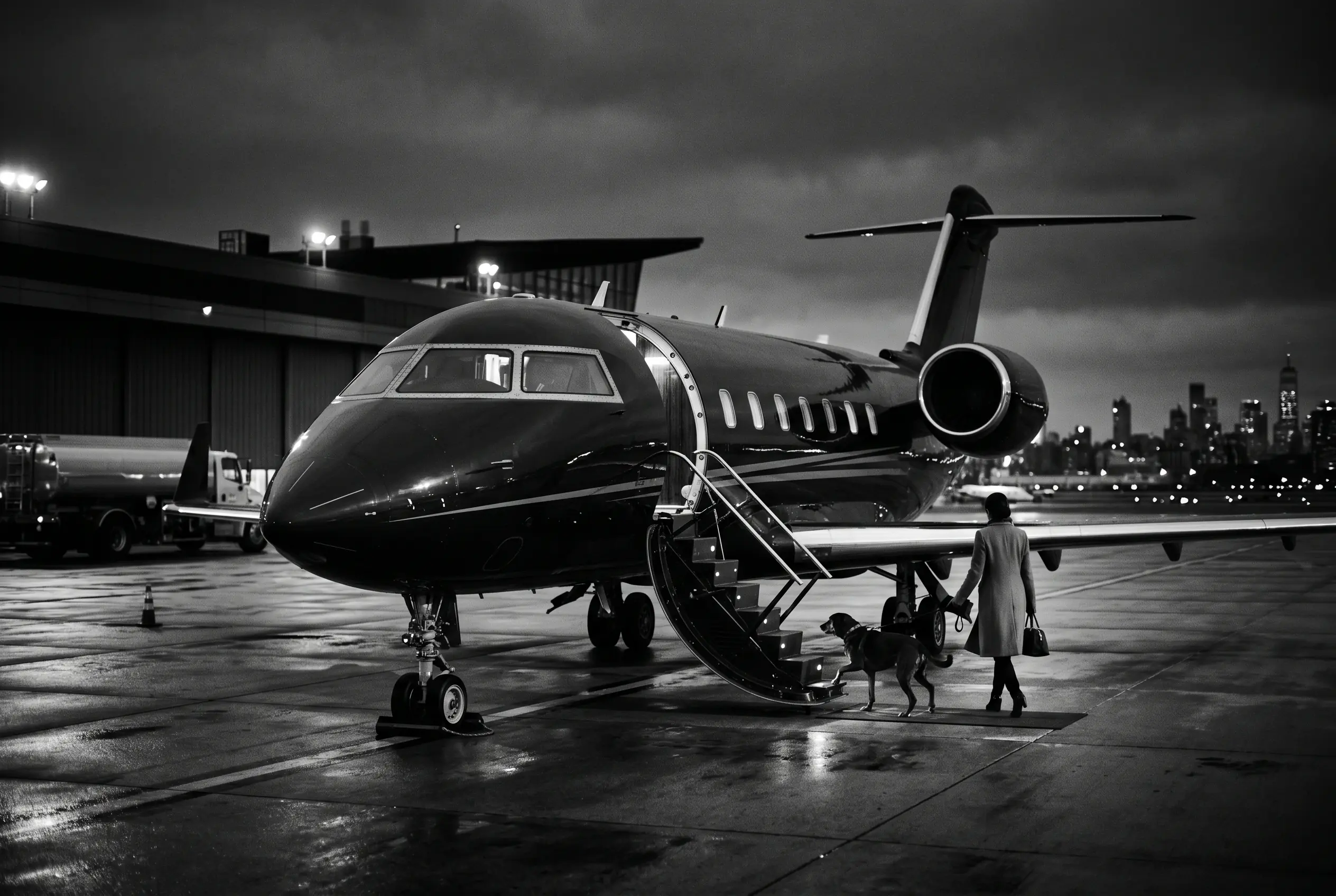 A traveller boarding a private jet with a dog on a lead at a New York FBO