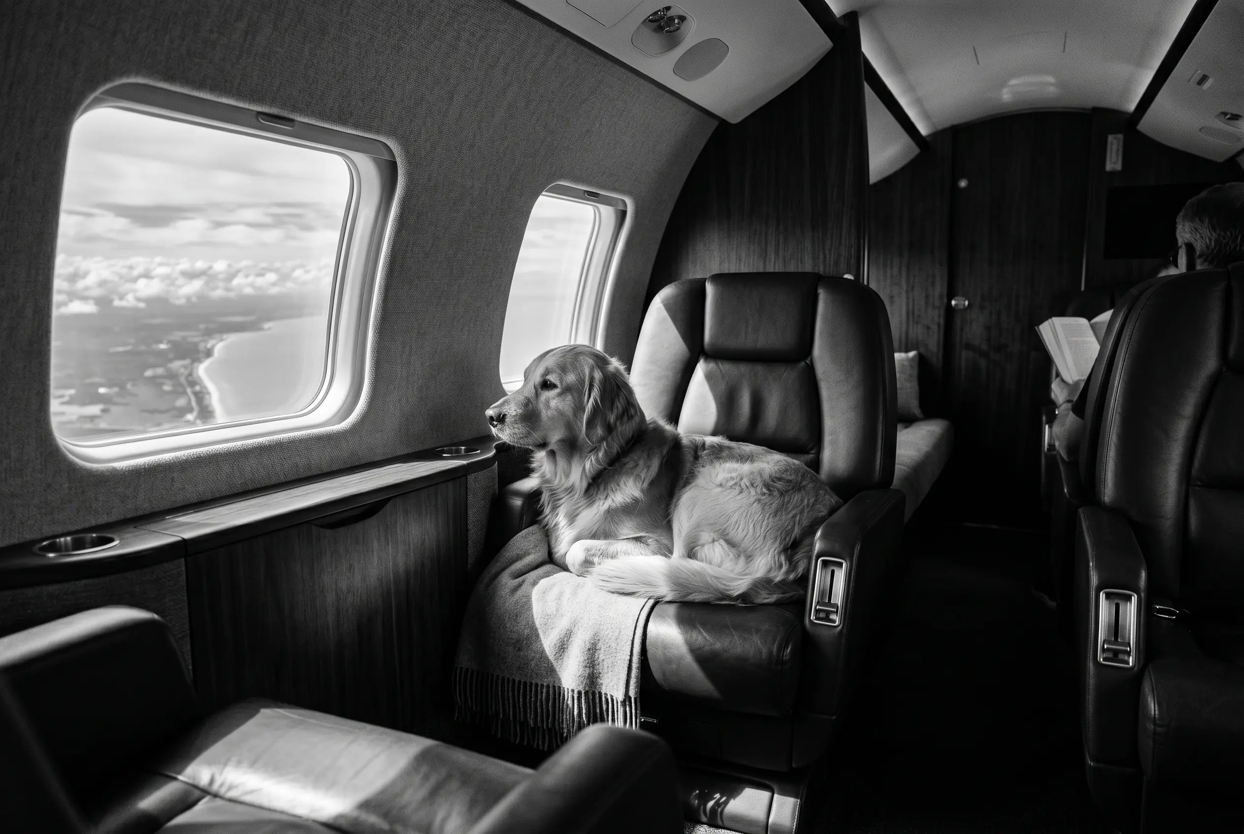 A dog resting calmly in a private jet cabin on a New York to Miami flight, in monochrome