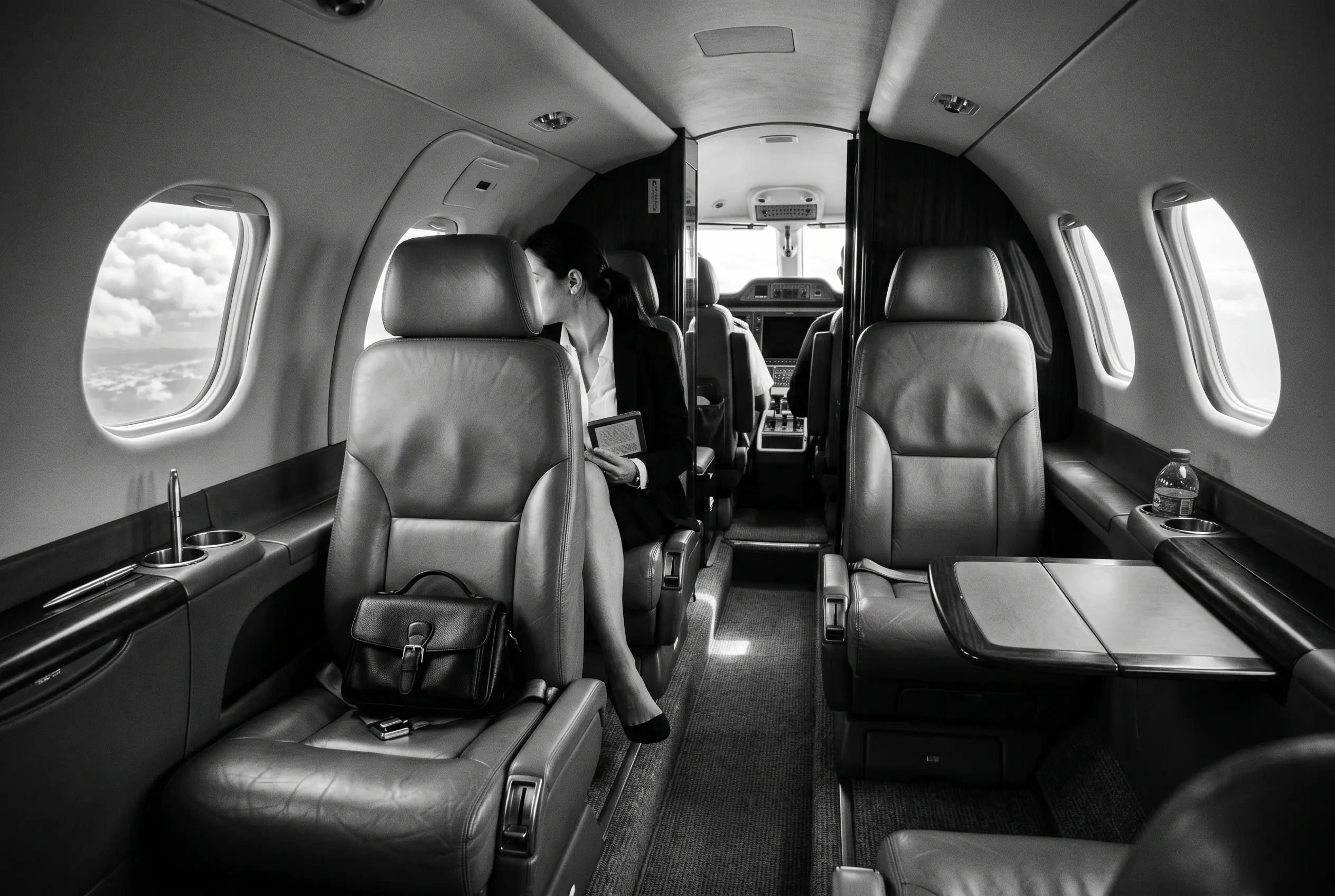 Embraer Phenom 100EV cabin for a New York to Miami charter, in monochrome