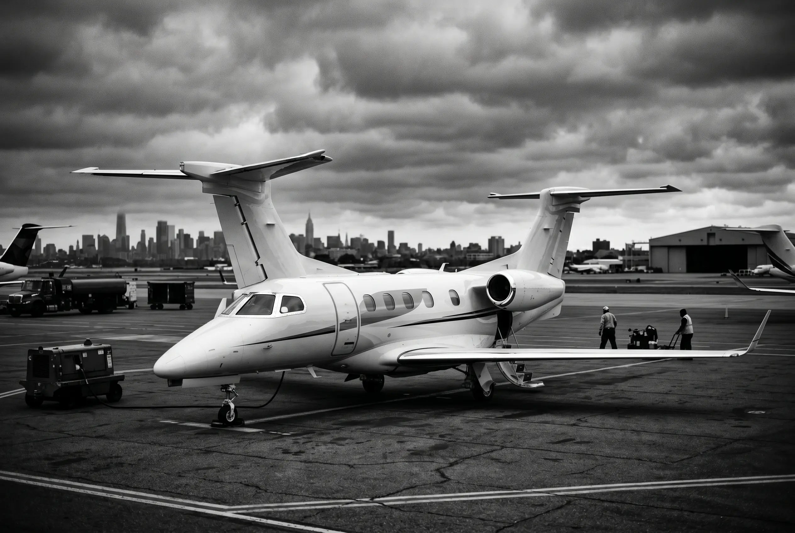 Embraer Phenom 300E light jet on a ramp before a New York to Miami flight