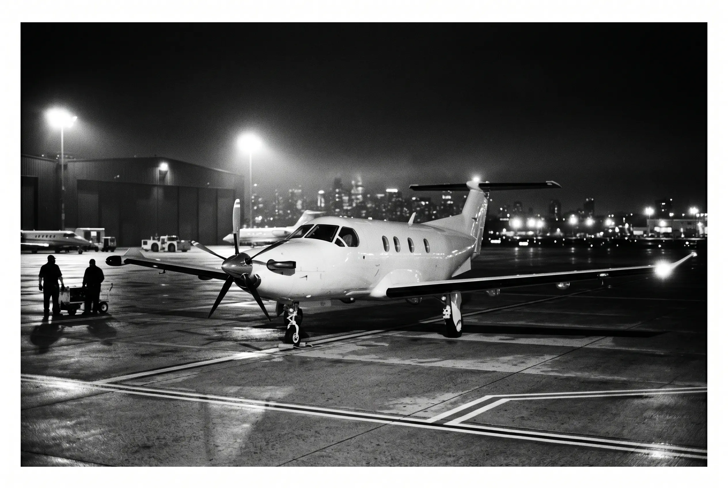 Pilatus PC-12 single-engine turboprop on a ramp before a New York to Miami flight